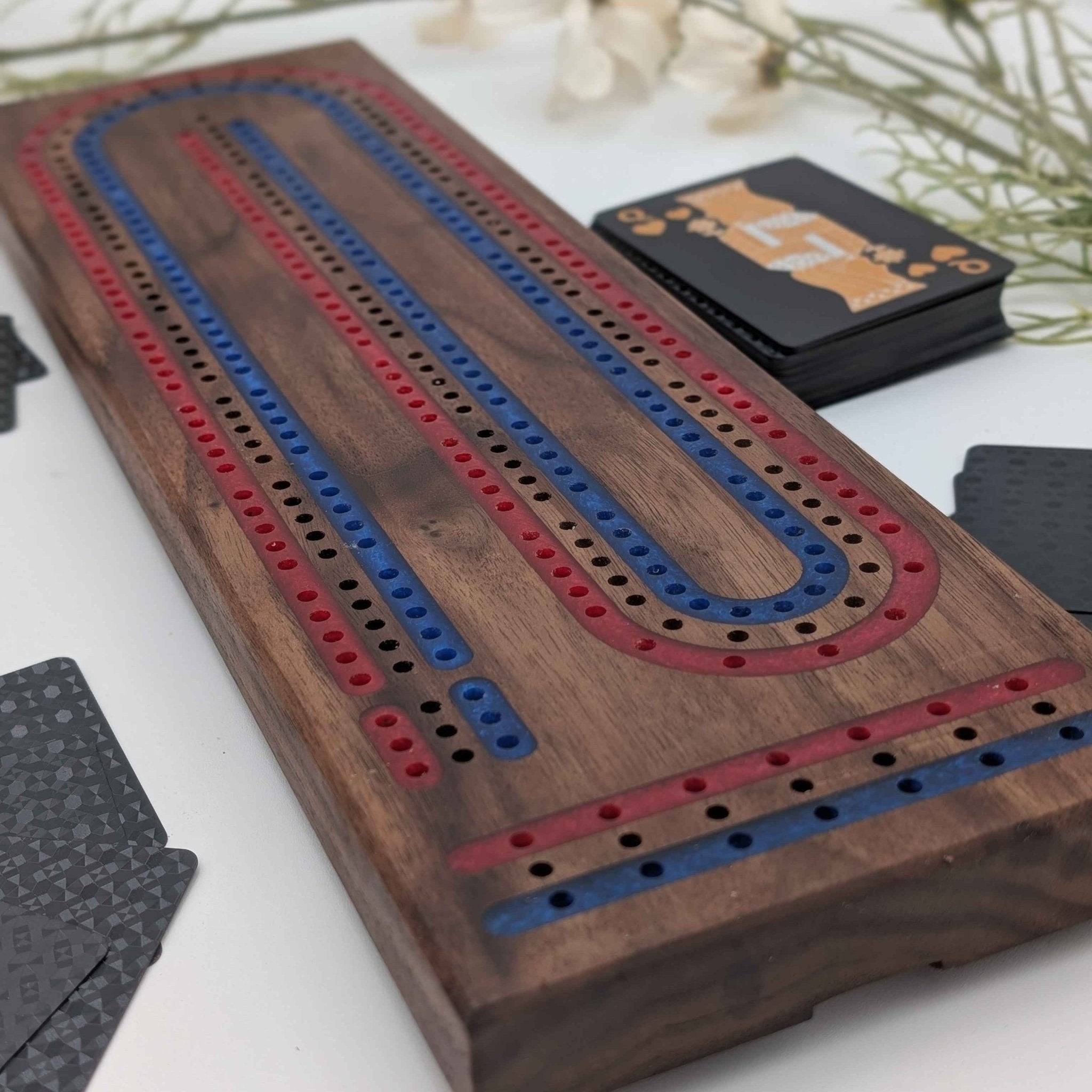 Premium Cribbage Board - Multi Lane Scarlet Red and Navy Blue Inlay