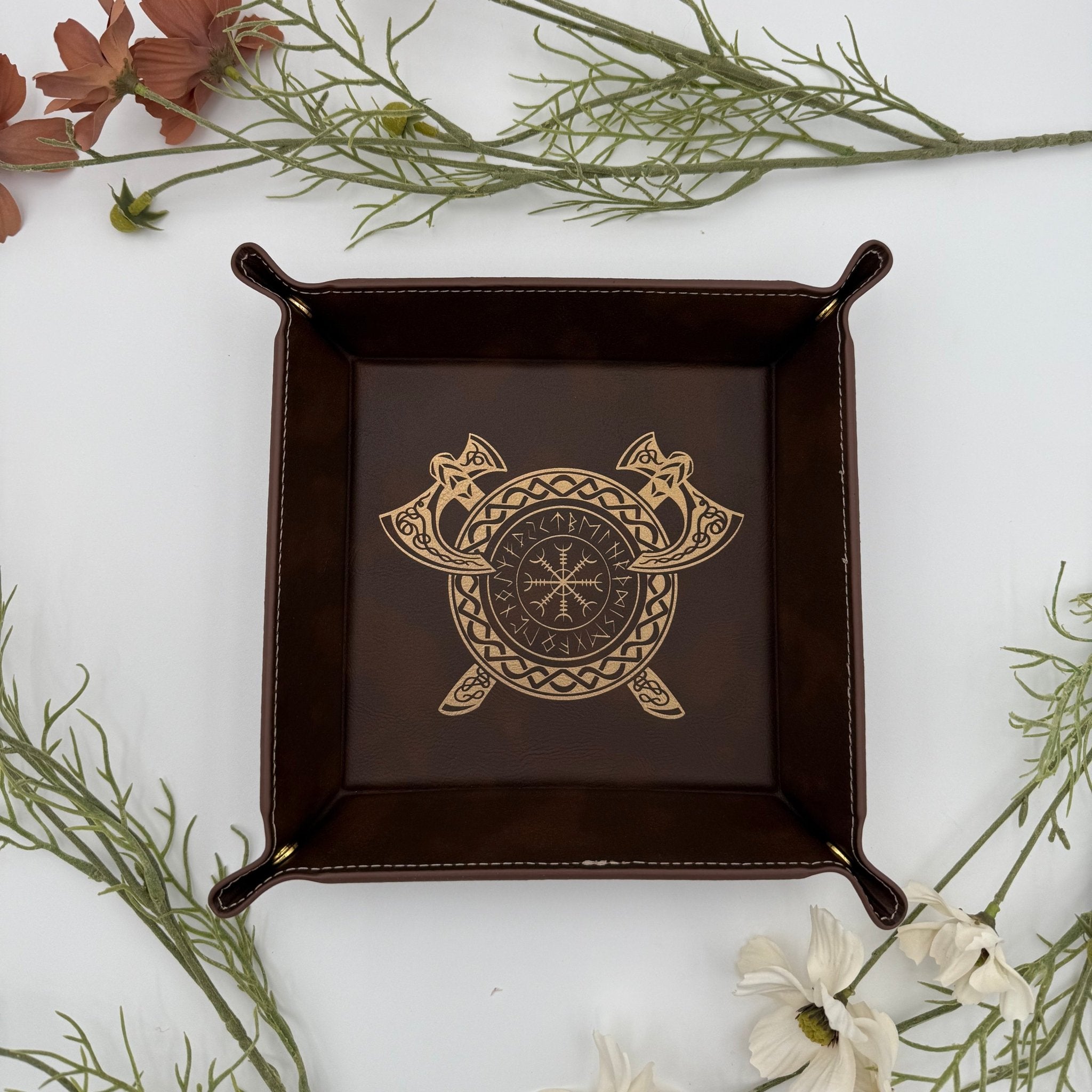 Brown Leather DnD Dice Tray - Runic Viking Engraving