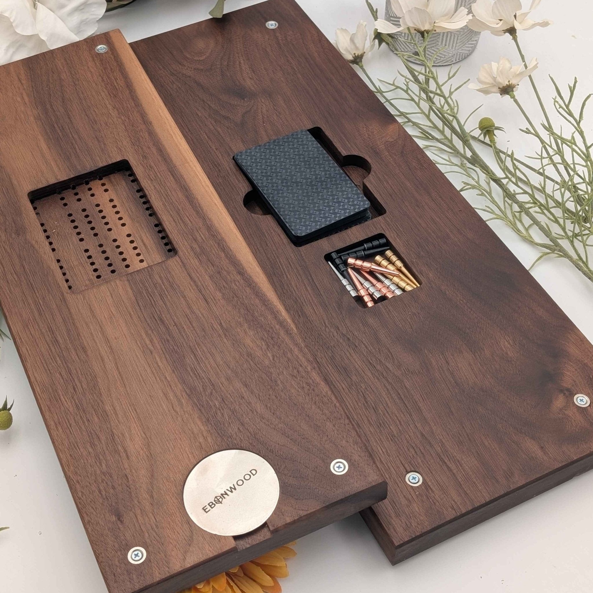 Four Lane Cribbage Board with Card Storage and Onxy Resin Inlay