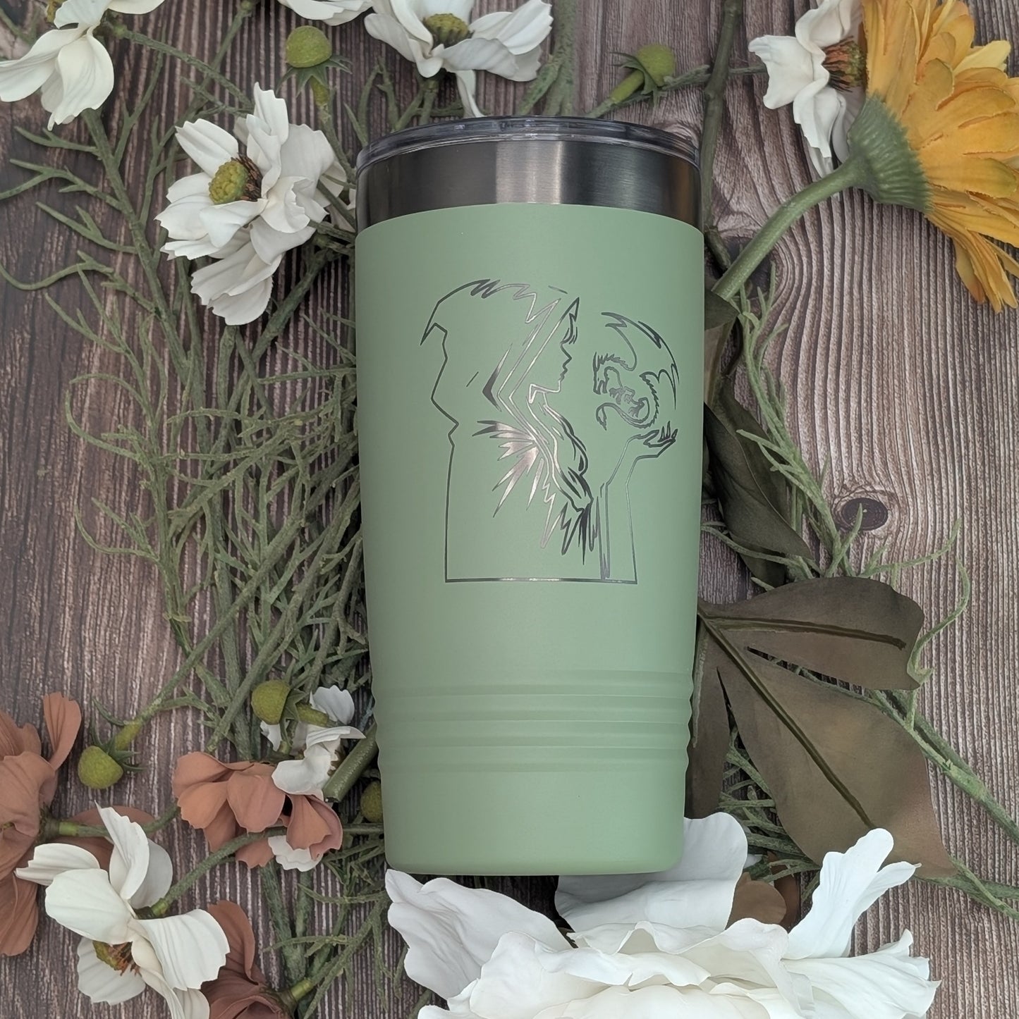 Mystic Sorcerer and Baby Dragon 20oz Pastel Tumbler – Fantasy Wizard Engraved Travel Mug