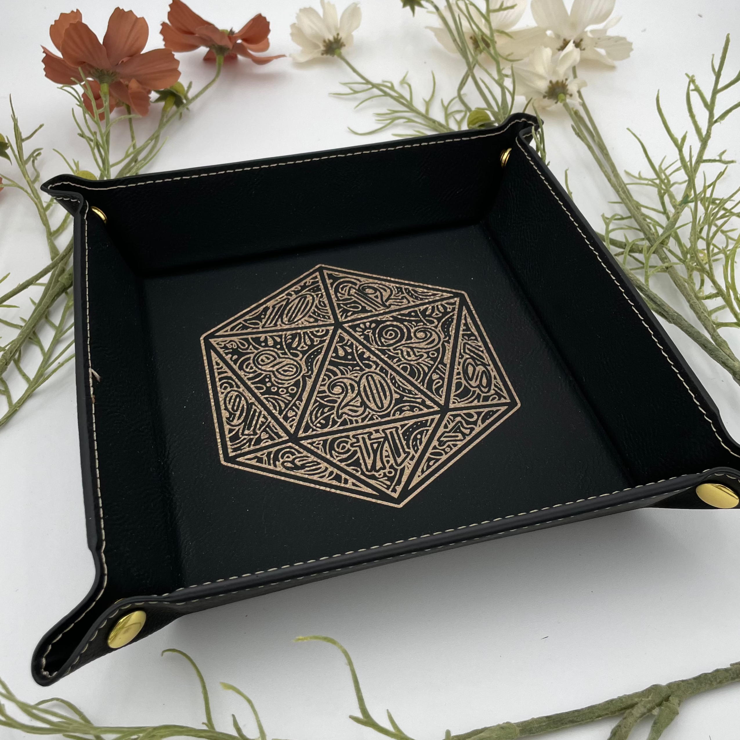 Gilded D20 Dice Tray - Vegan Leather DnD Dice Rolling Tray