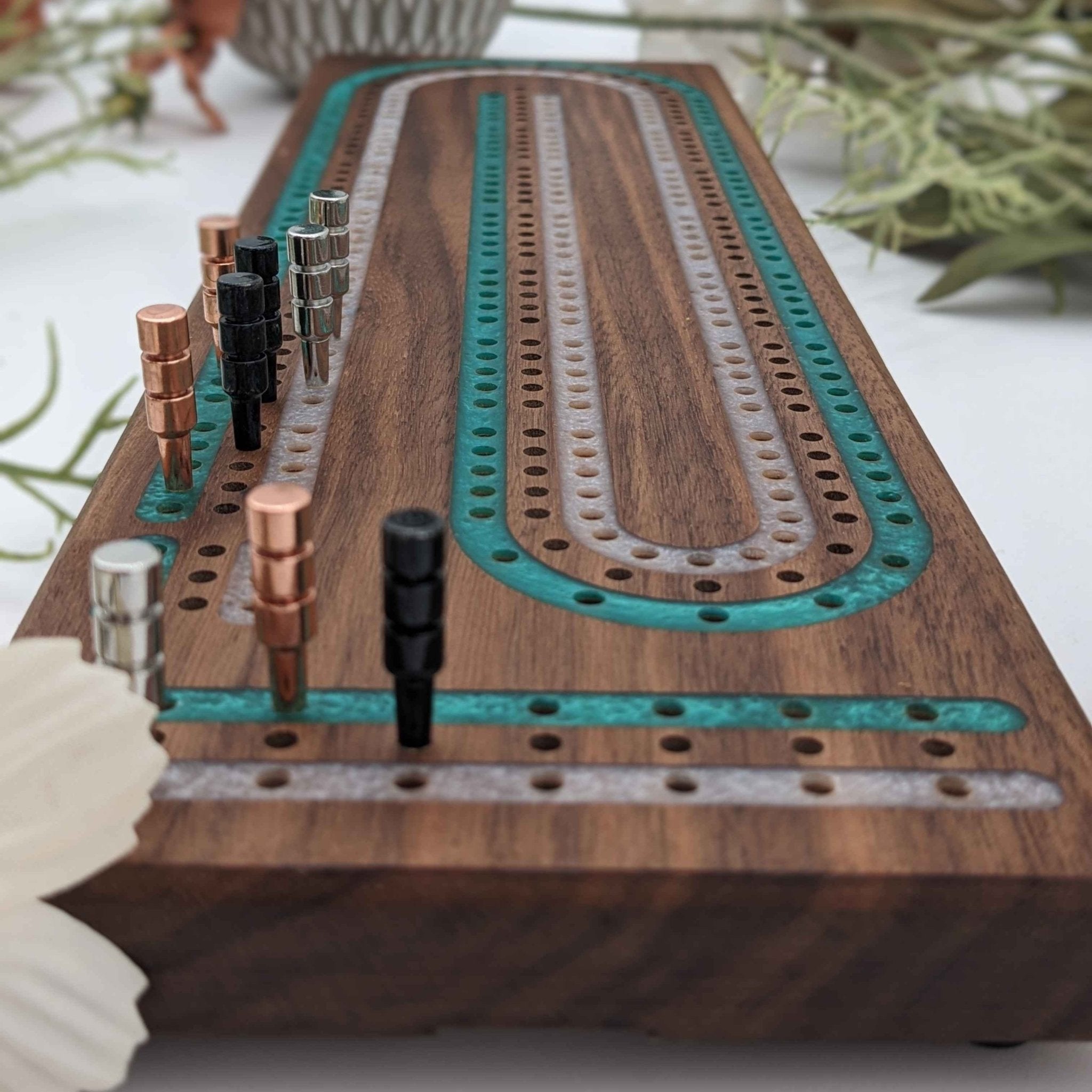 Wooden Cribbage Board with Green and Silver Resin Multitrack Inlay