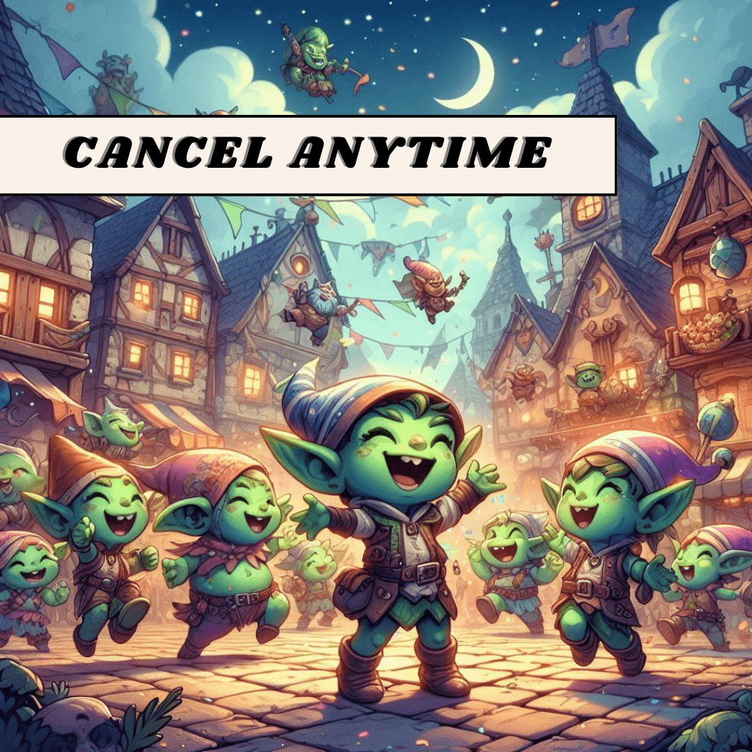 Cartoon gnomes in a village with 'Cancel Anytime' text overlay