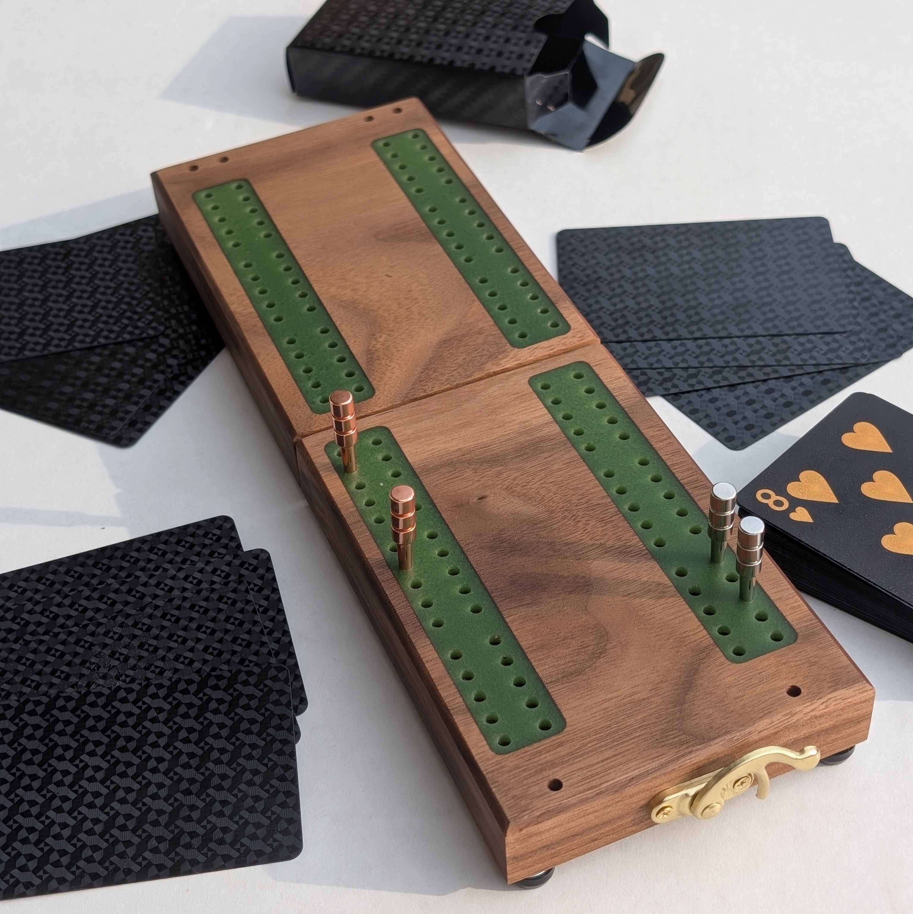 Premium Travel Cribbage Board - Magnetic Folding Board in Walnut, Maple, or Cherry with Resin Inlay