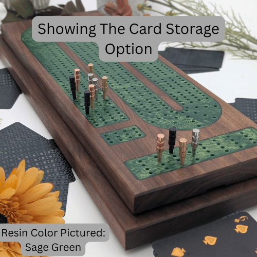 Four Lane Cribbage Board with Card Storage and Onxy Resin Inlay