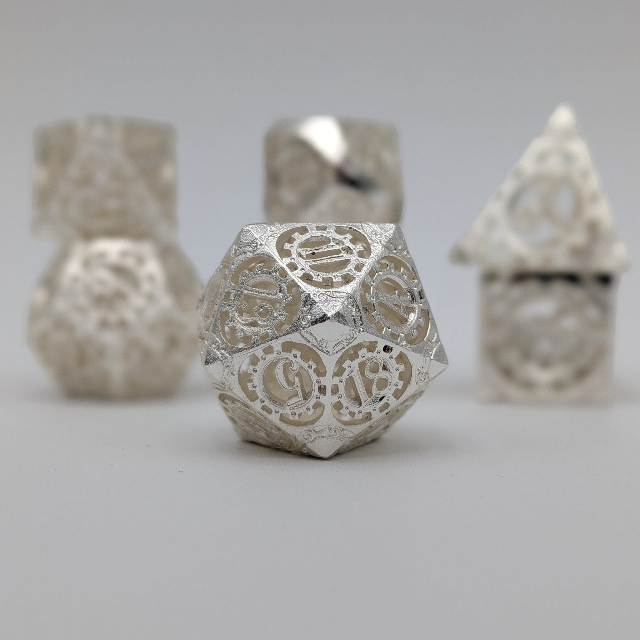 Sterling Silver Metal Dice 7 Piece Metal Polyhedral Dice Set