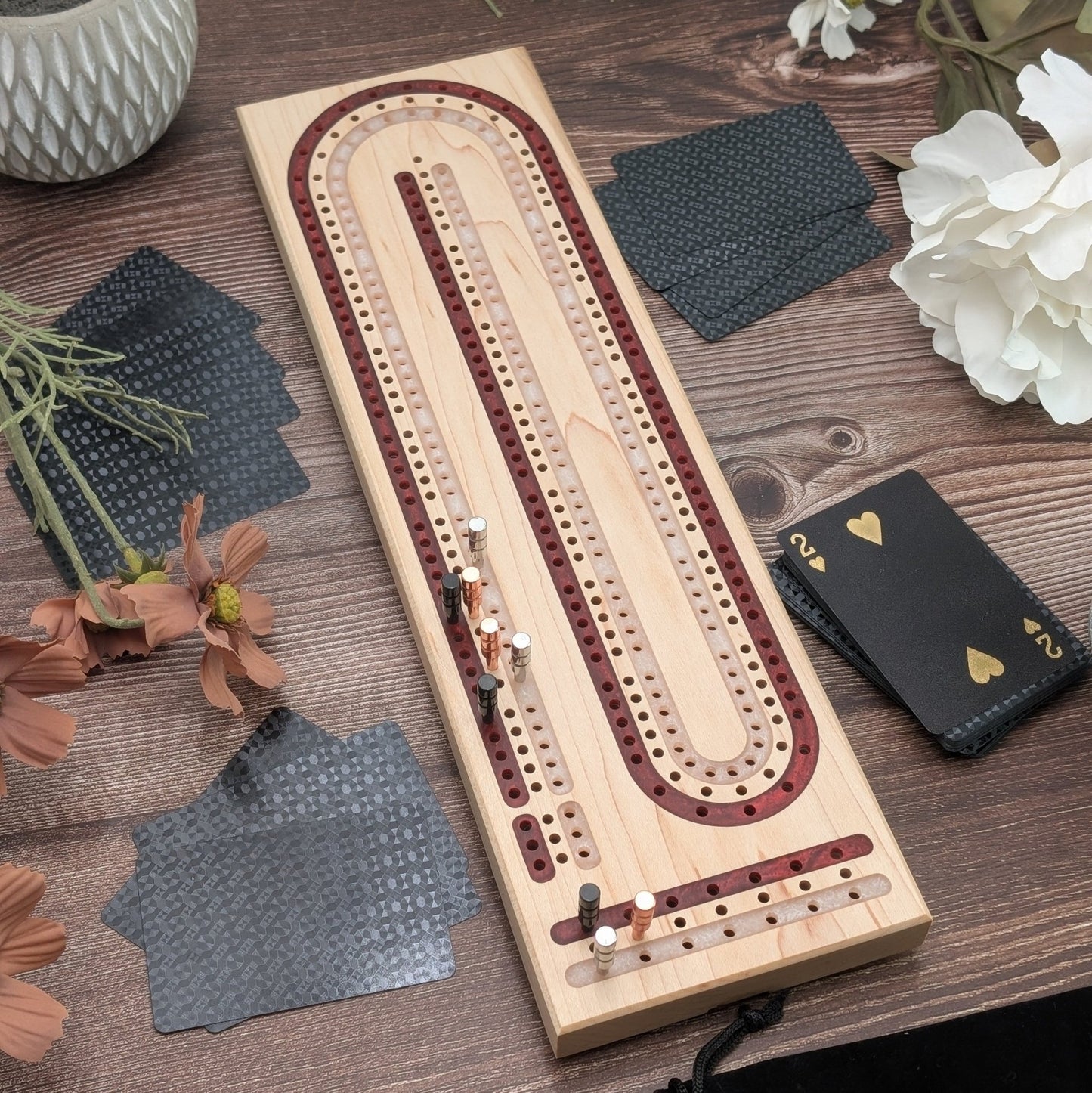 Wisconsin Badgers Inspired Premium Cribbage Board - Multi Lane Blood Red and Titanium Inlay