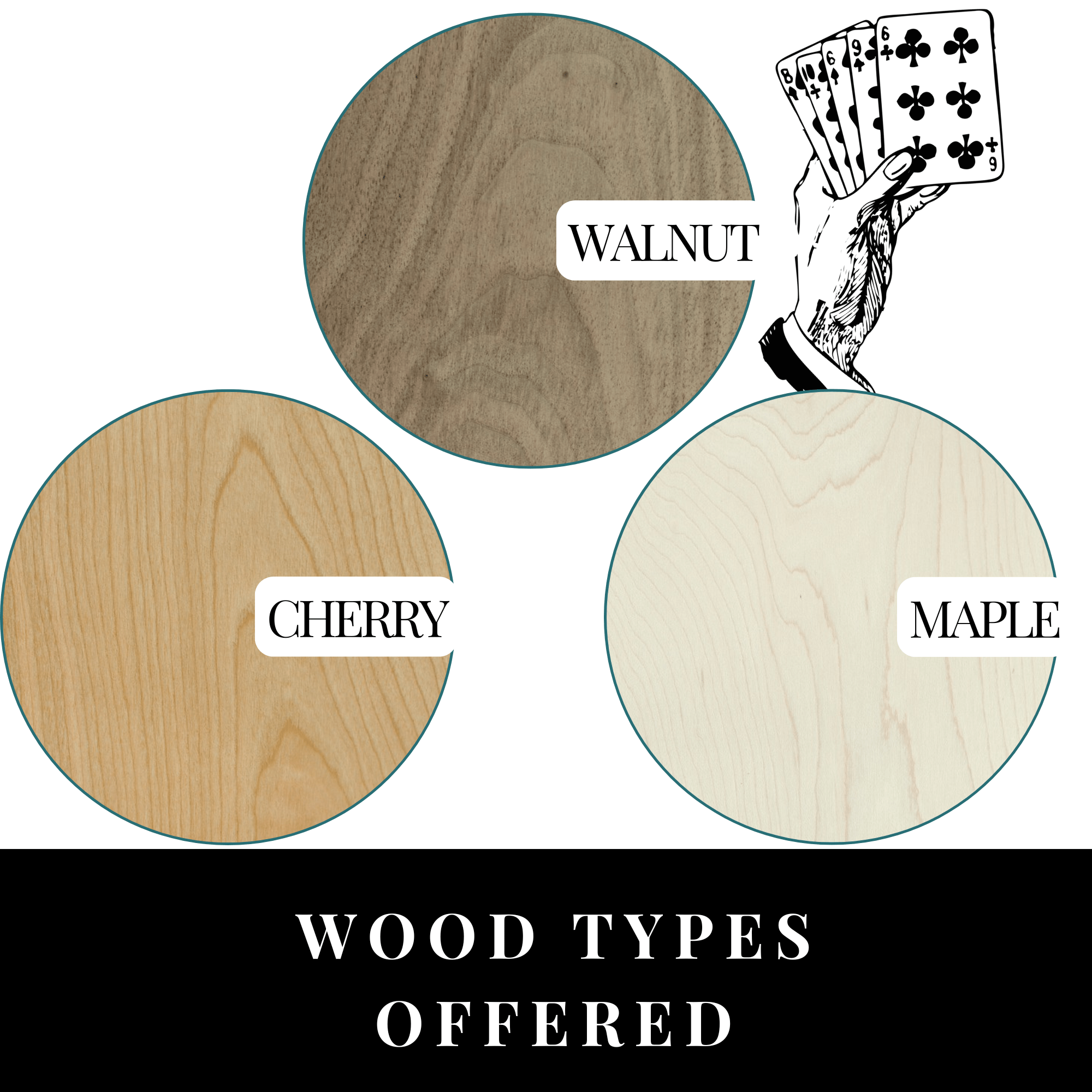 Cribbage board wood options in cherry, walnut, and maple american hardwood