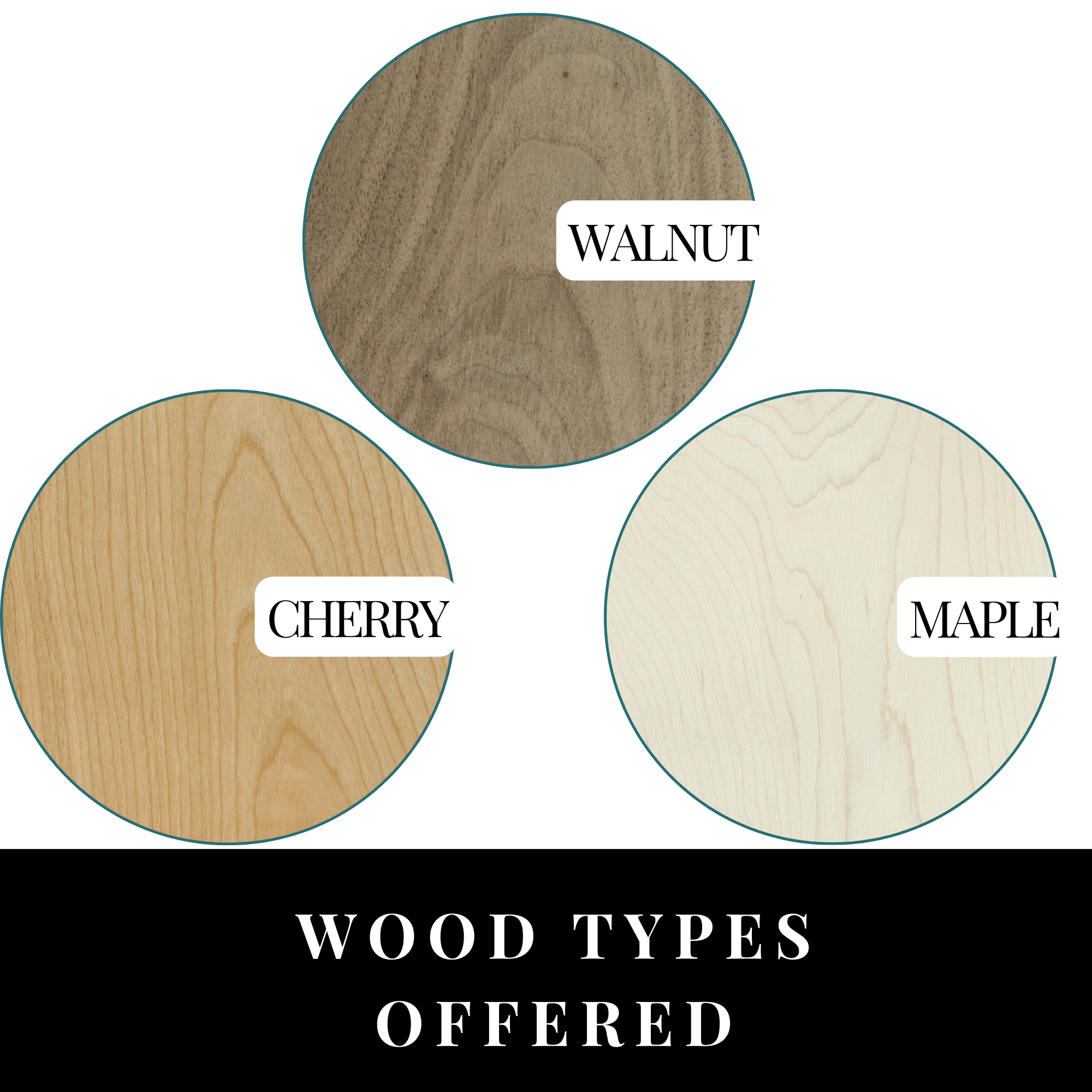 Ebonwood wood types option picture for our handmade cribbage boards showing options for walnut, cherry, and maple woods.