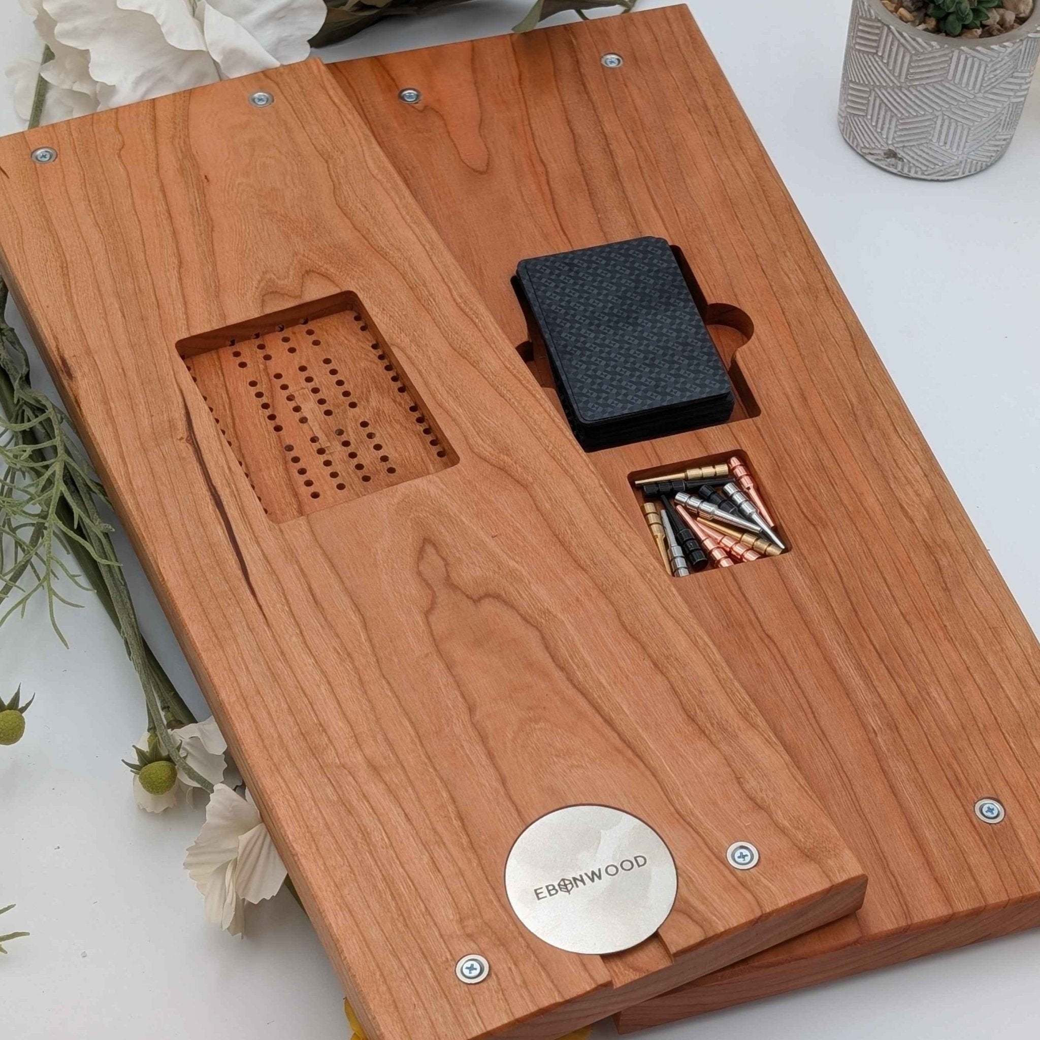 Four Lane Cribbage Board with Card Storage and Glacier Resin Inlay