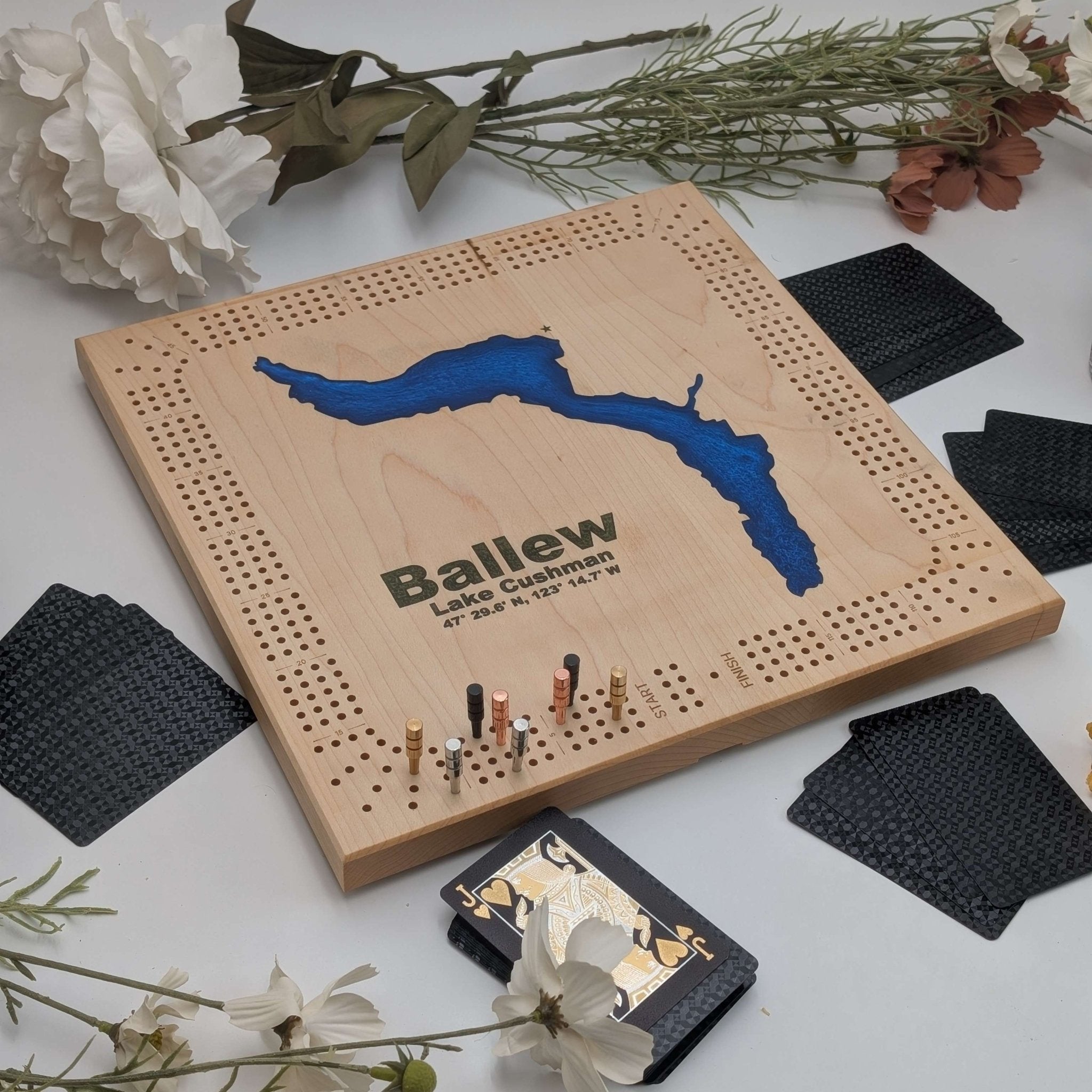 Custom Lake Four Lane Cribbage Board with Resin Inlay