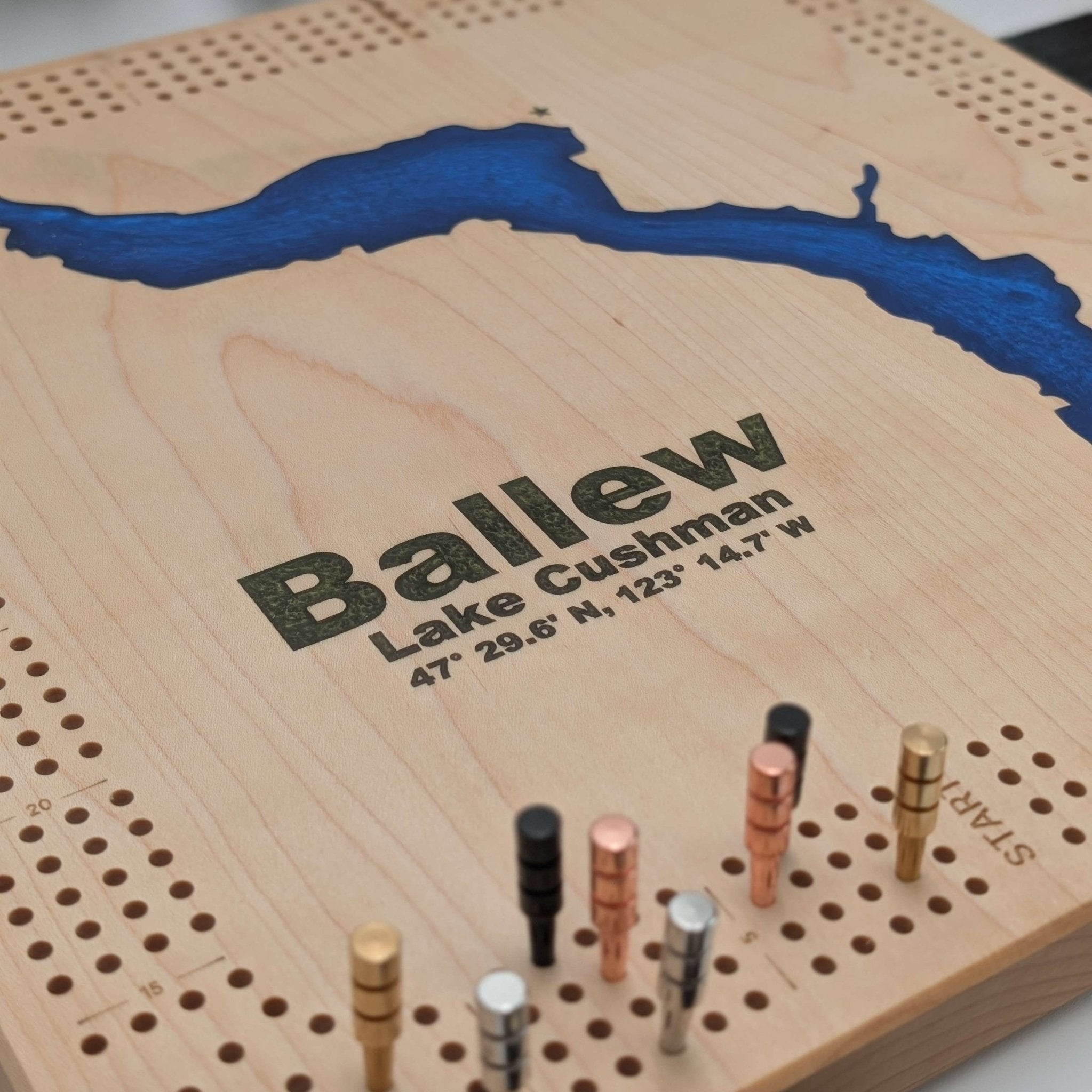 Custom Lake Four Lane Cribbage Board with Resin Inlay