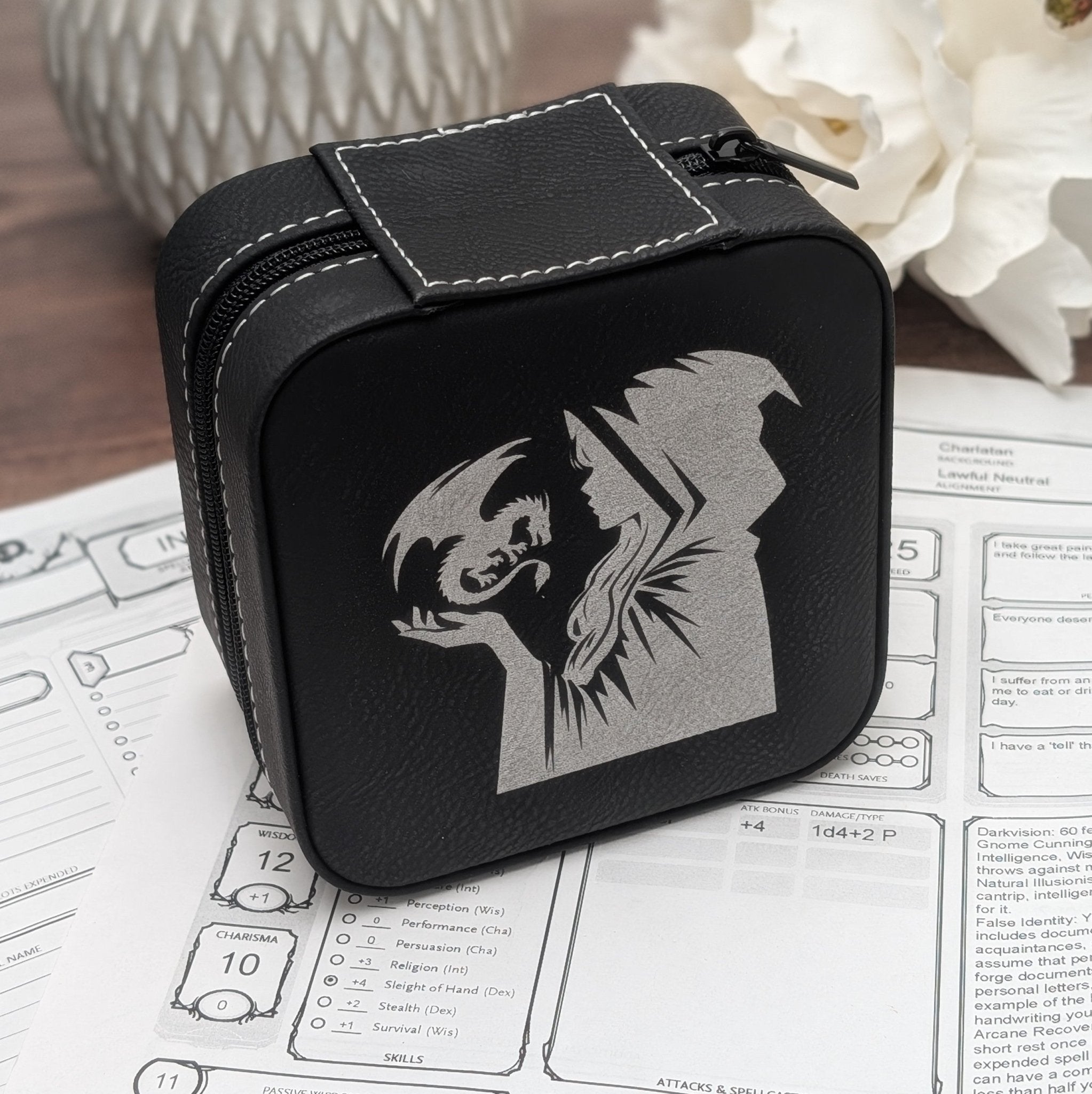 Dragons Bond Dice Horder | DND Dice Storage | D&D Dice Storage | Leather Dice Box | Travel Case for Dice Set | Dungeons And Dragons - EBONWOOD