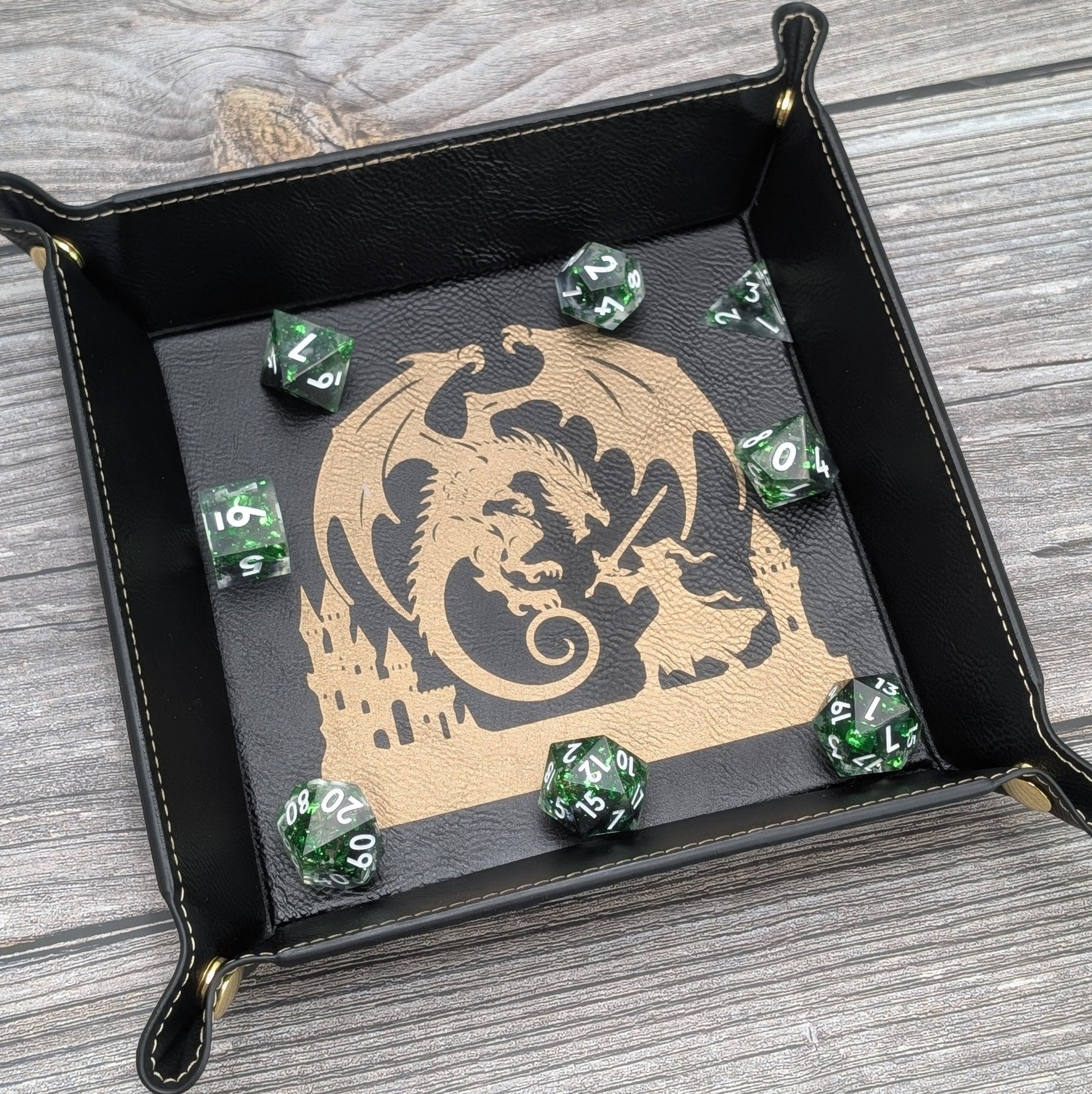 Dragon's Last Stand Dice Tray - Vegan Leather DnD Dice Rolling Tray - EBONWOOD