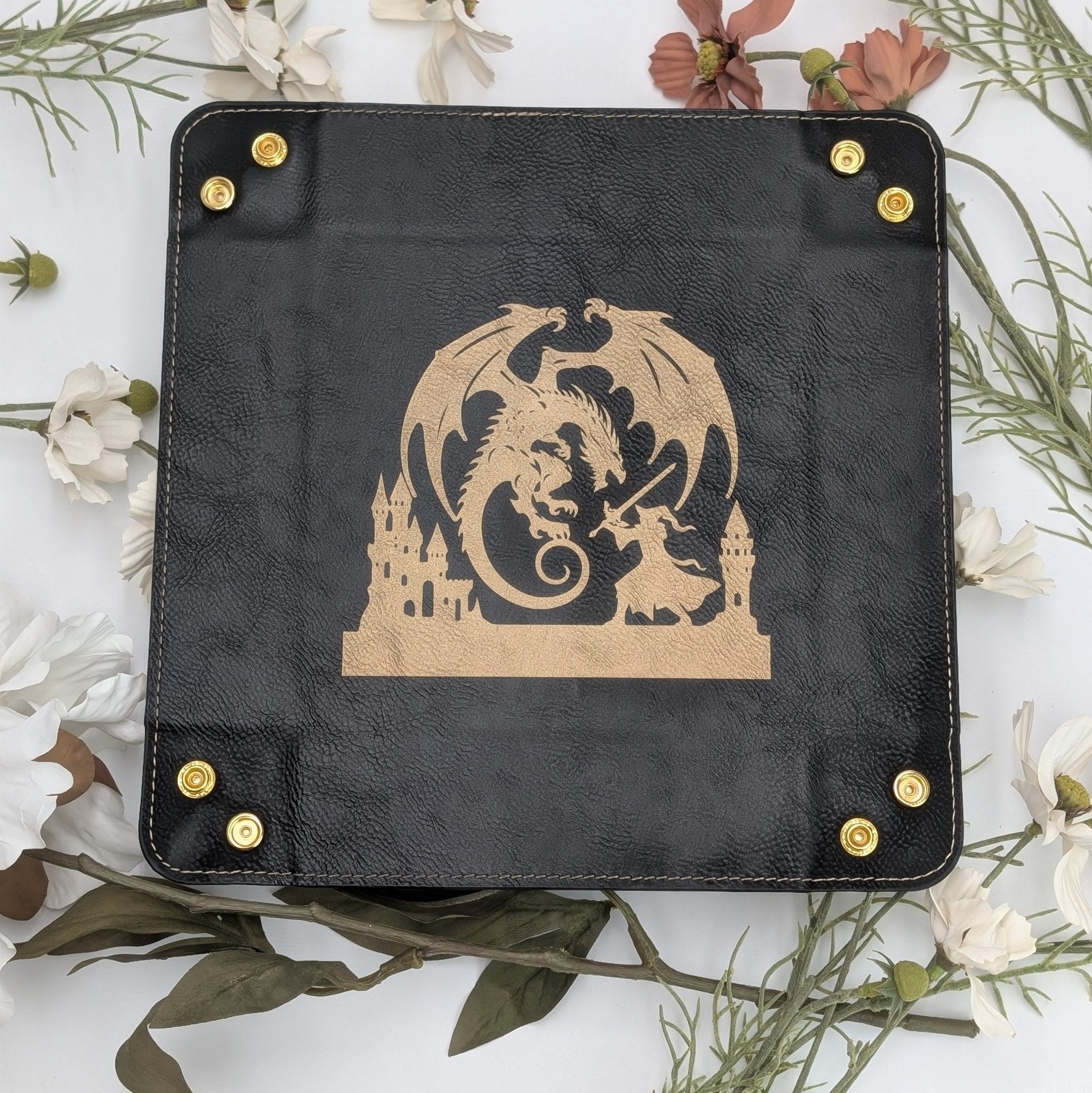 Dragon's Last Stand Dice Tray - Vegan Leather DnD Dice Rolling Tray - EBONWOOD