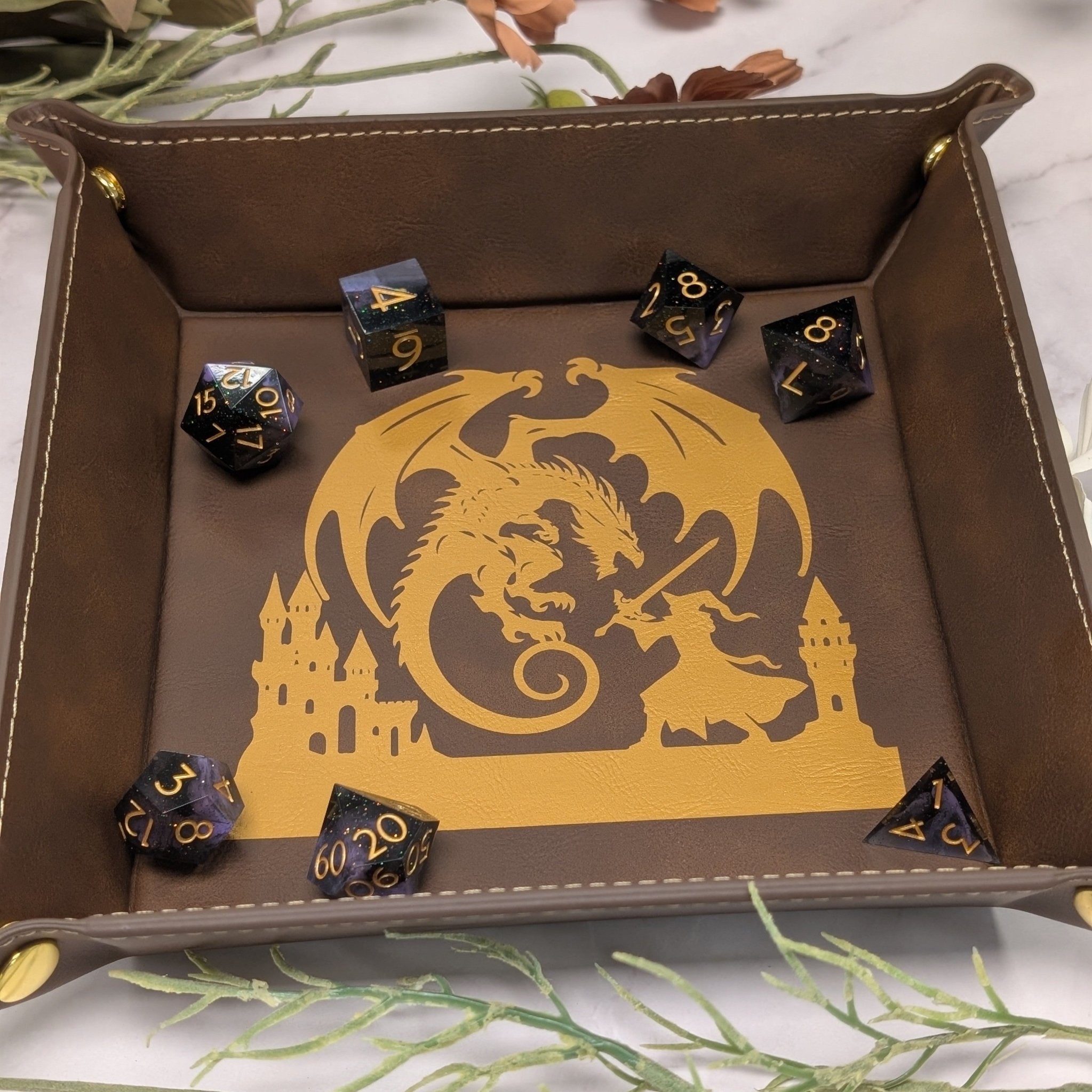 Dragon's Last Stand Dice Tray - Vegan Leather DnD Dice Rolling Tray - EBONWOOD