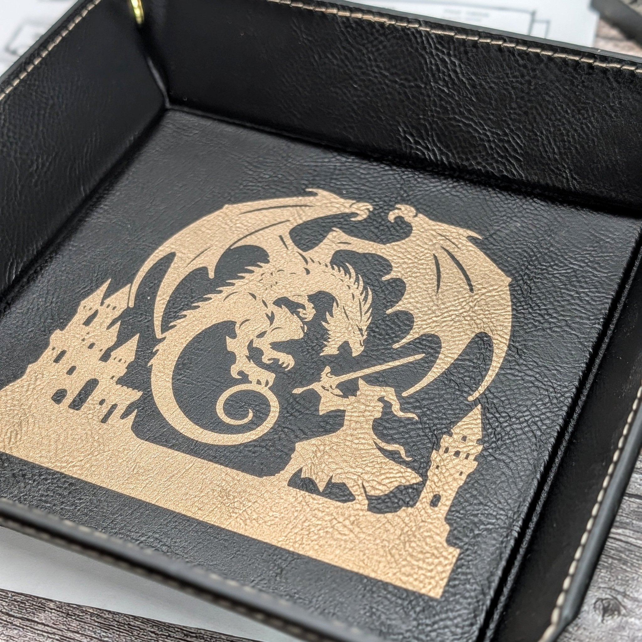 Dragon's Last Stand Dice Tray - Vegan Leather DnD Dice Rolling Tray - EBONWOOD