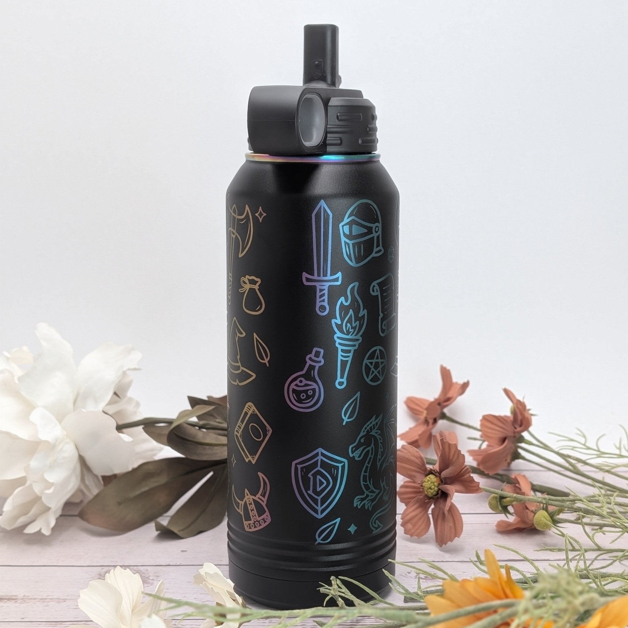 Fantasy Wrap - 32oz Stainless Steel With Prismatic Engraving Water Bottle - EBONWOOD