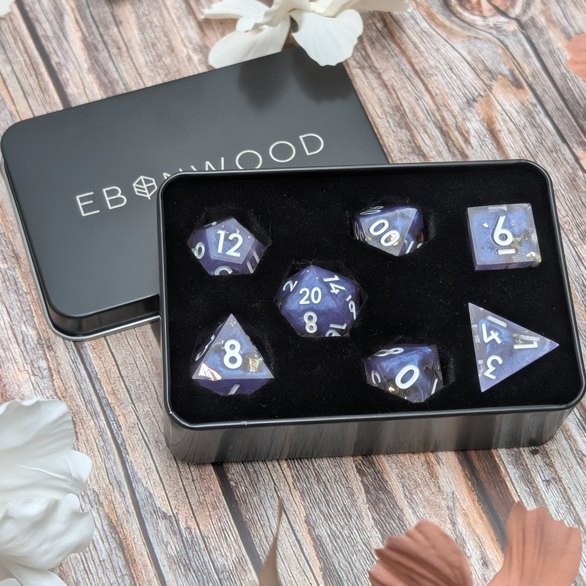 Feyspark Fortune - 7 Piece Luxury D&D Dice Set - EBONWOOD