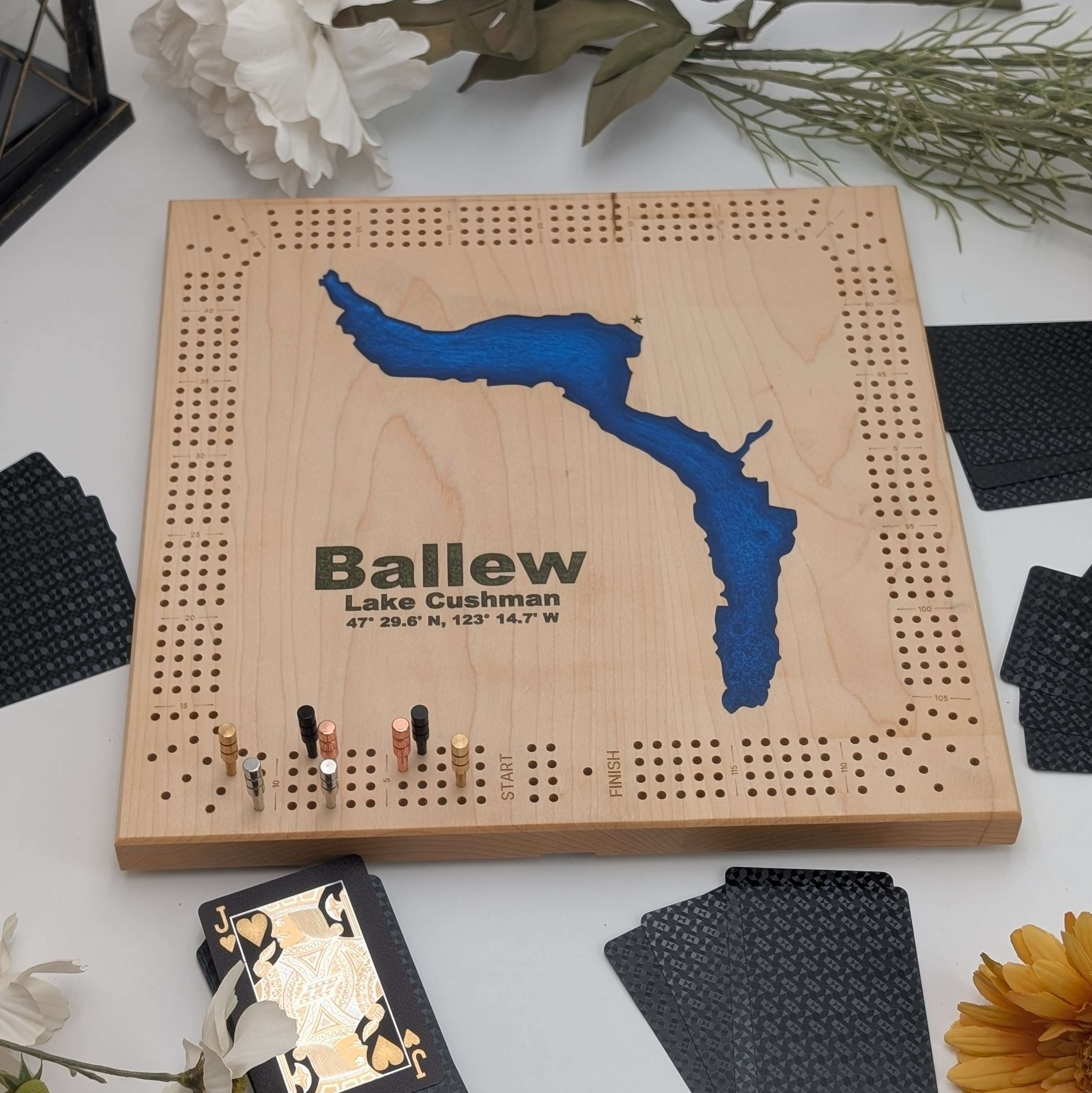 Custom Lake Four Lane Cribbage Board with Resin Inlay