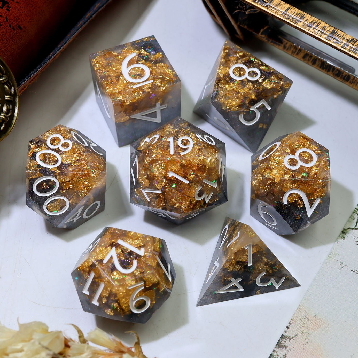 Marble Monarch - 7 Piece Polyhedral Dice Set - EBONWOOD