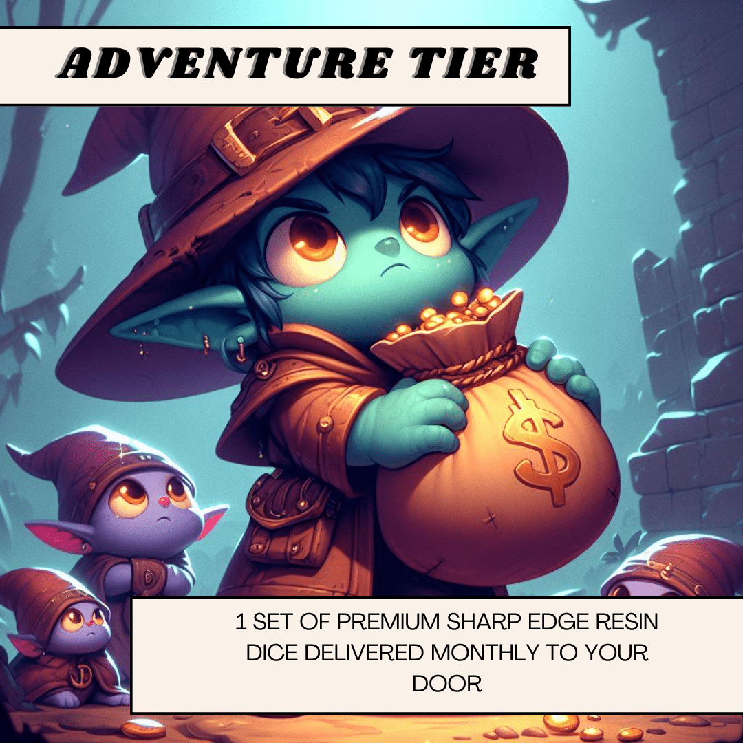 Math Rocks Montly Informational Image about the Adventure Tier, that details how subscribing gives you 1 set of premium sharp edge resin dice delivered to your door monthly.