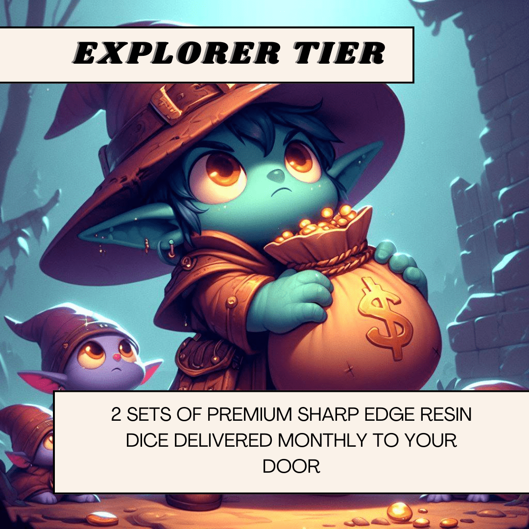 Math Rocks Montly Informational Image about the Explorer Tier, that details how subscribing gives you 1 set of premium sharp edge resin dice delivered to your door monthly.