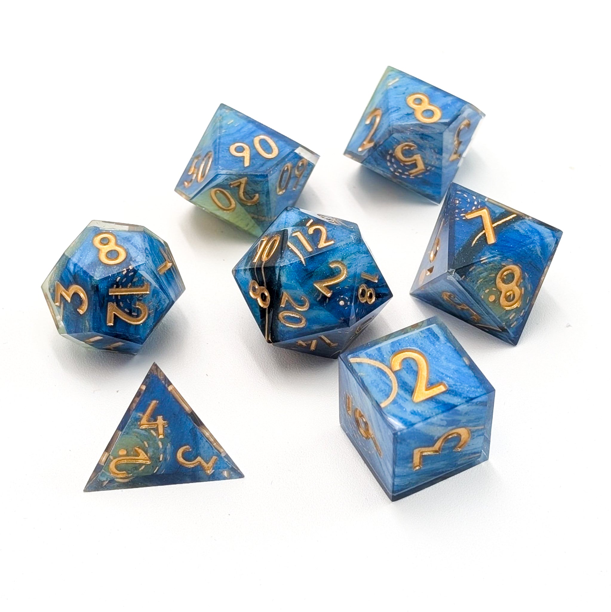Mist and Moon - 7 Piece Luxury D&D Dice Set - EBONWOOD