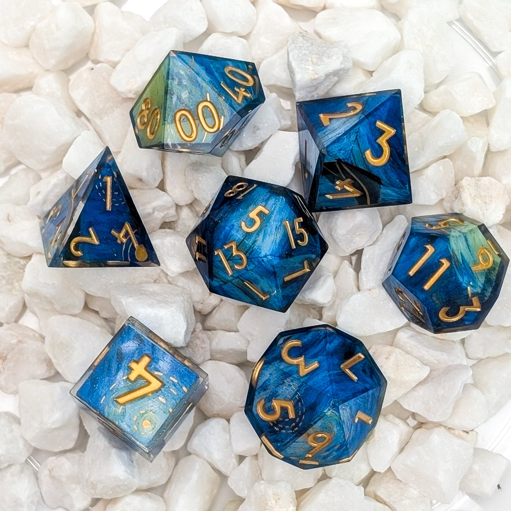 Mist and Moon - 7 Piece Luxury D&D Dice Set - EBONWOOD