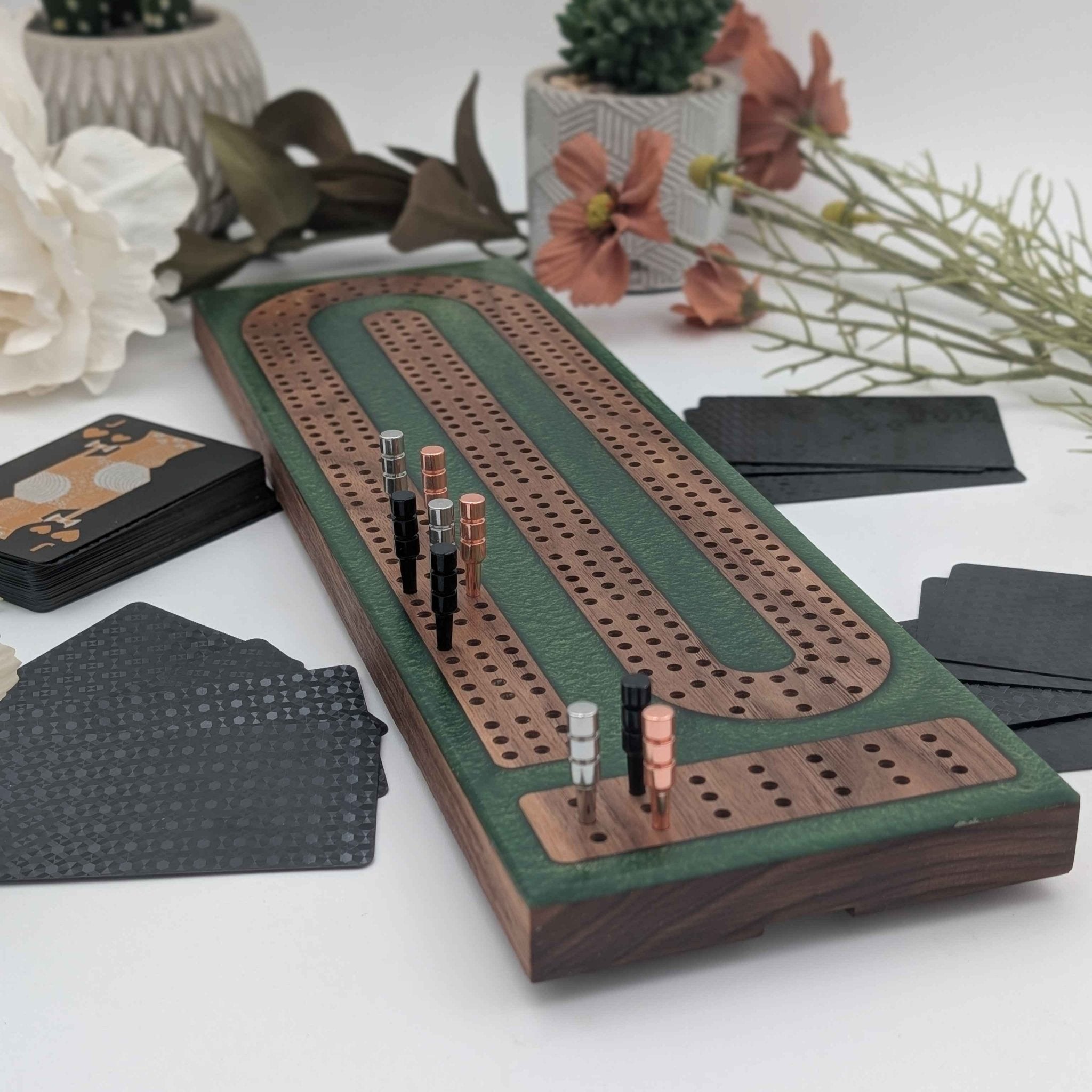 Reverse Pour Sage Green Resin Premium Cribbage Board - Three Lane Cribbage Board