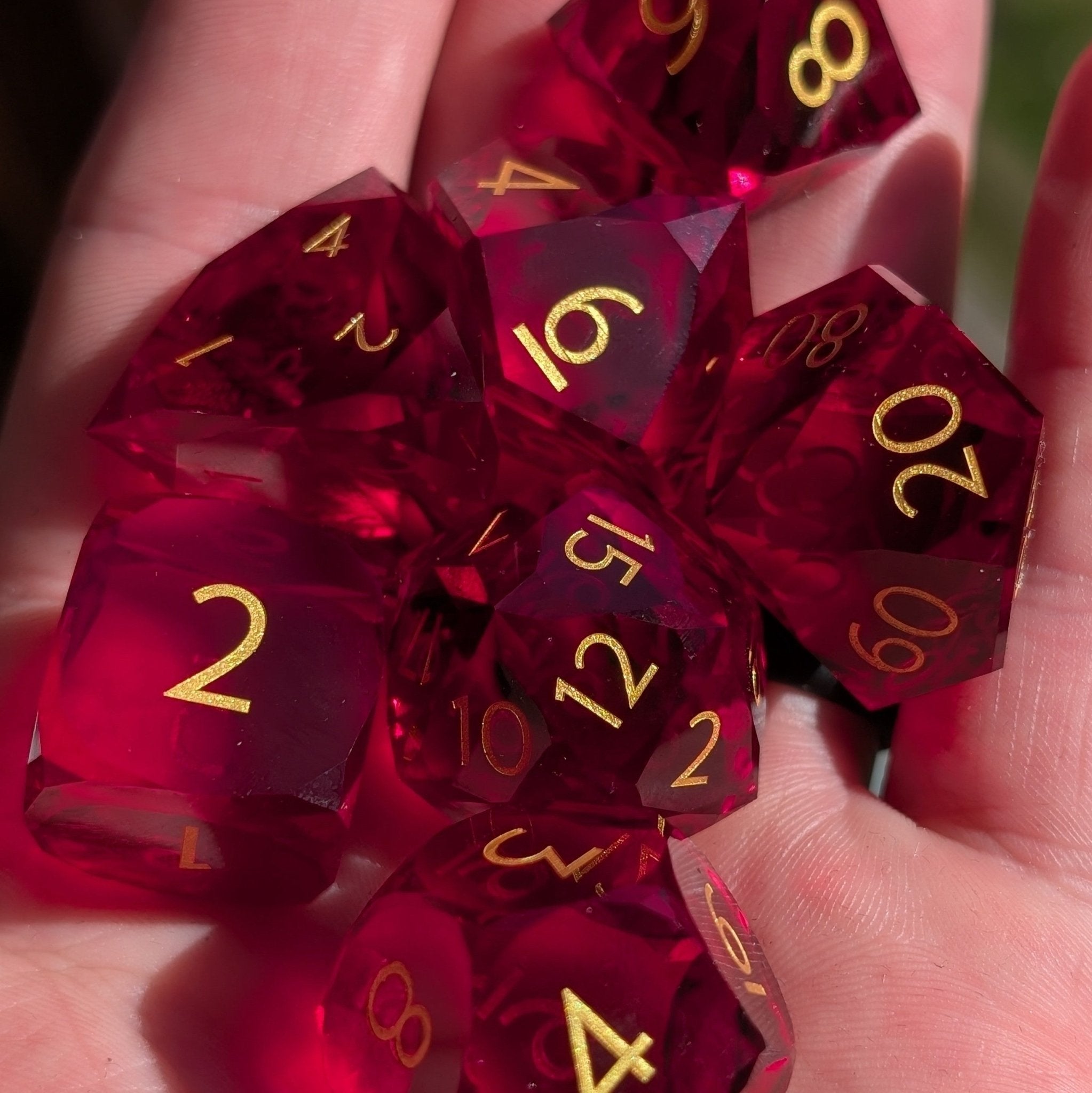 Red Glass Gem Cut - 7 Piece Polyhedral Gemstone Dice Set