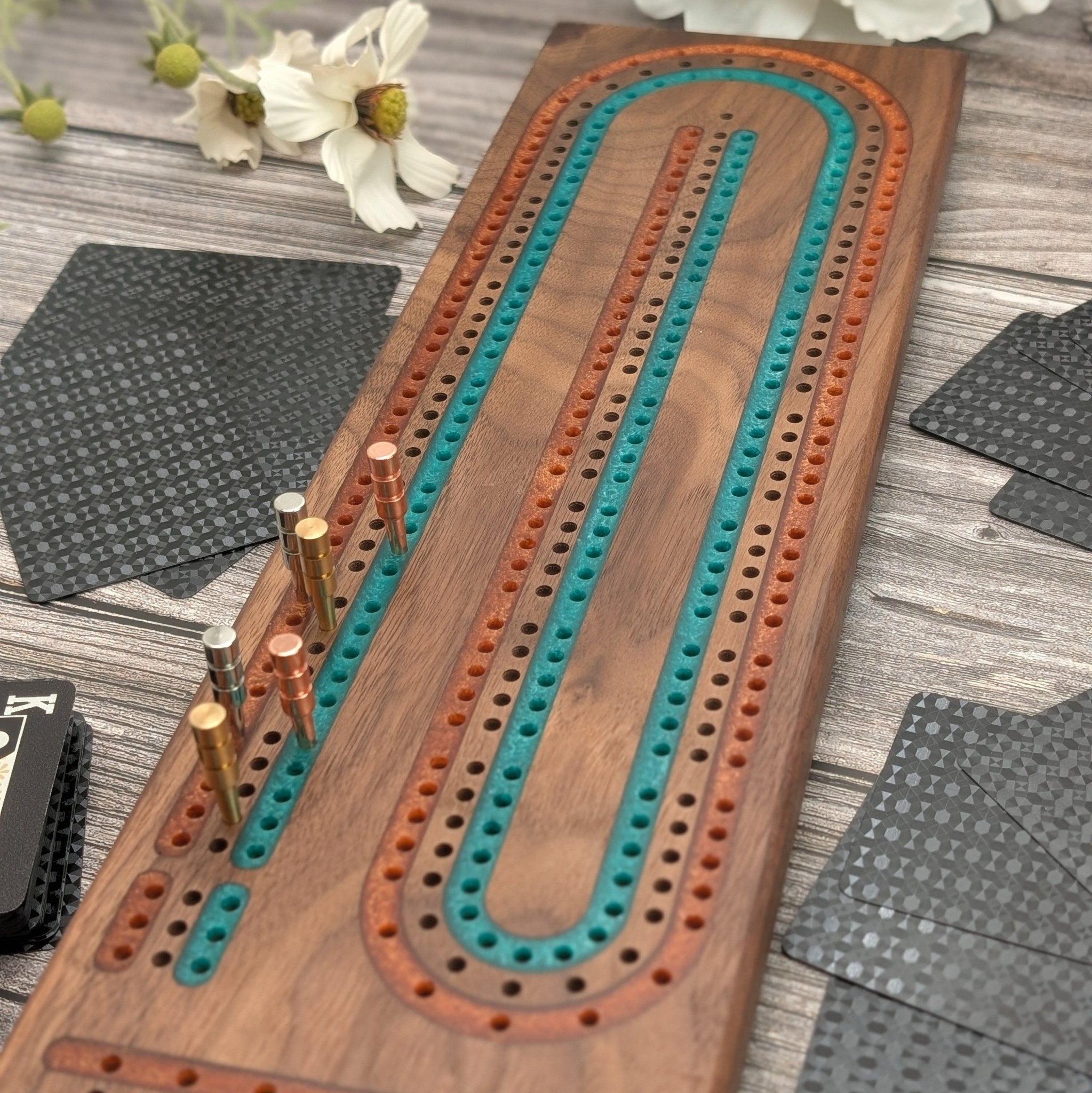 Premium Cribbage Board - Multi Lane Copper and Emerald Inlay