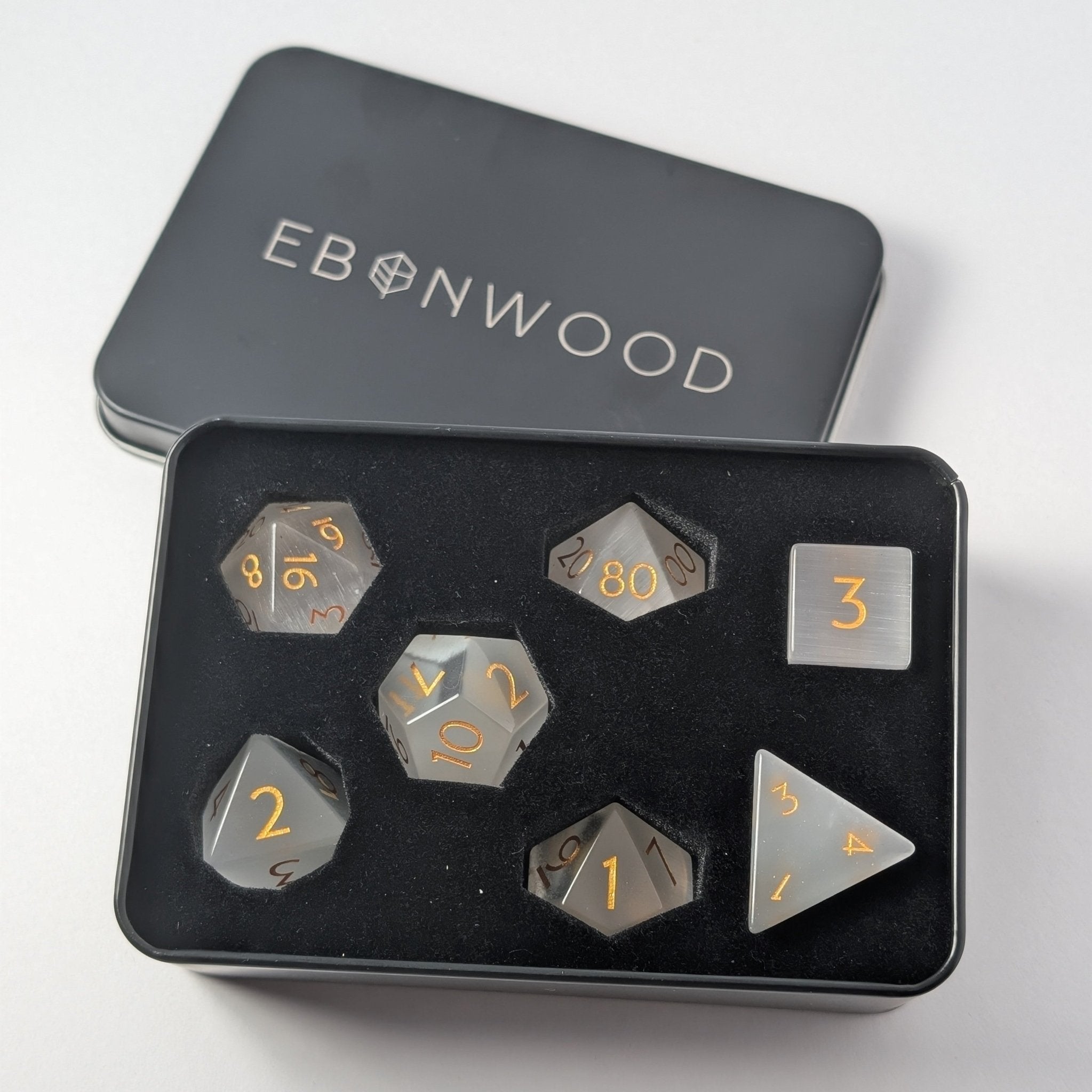 White Cat Eye - 7 Piece Polyhedral Gemstone Dice Set