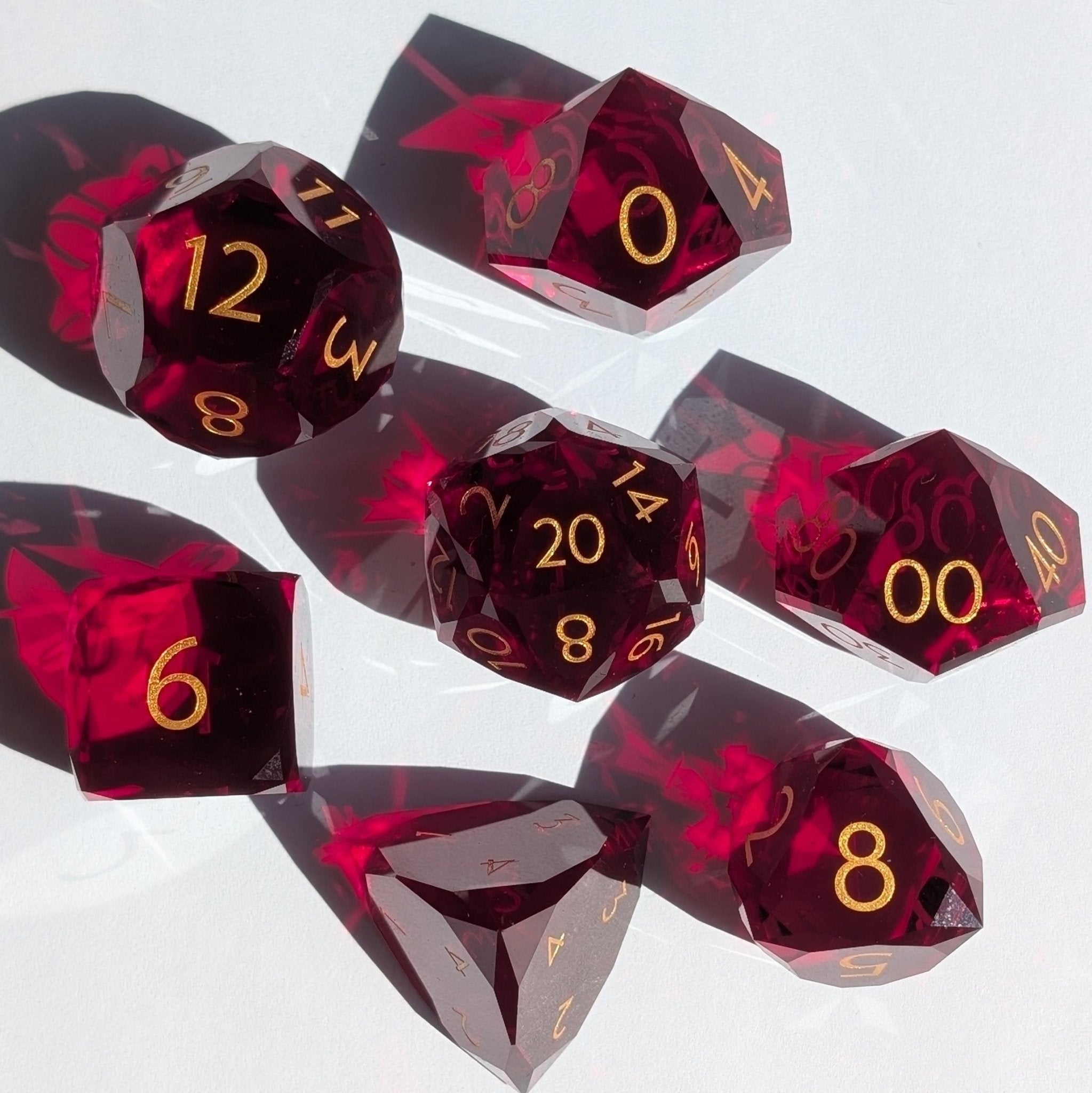 Red Glass Gem Cut - 7 Piece Polyhedral Gemstone Dice Set