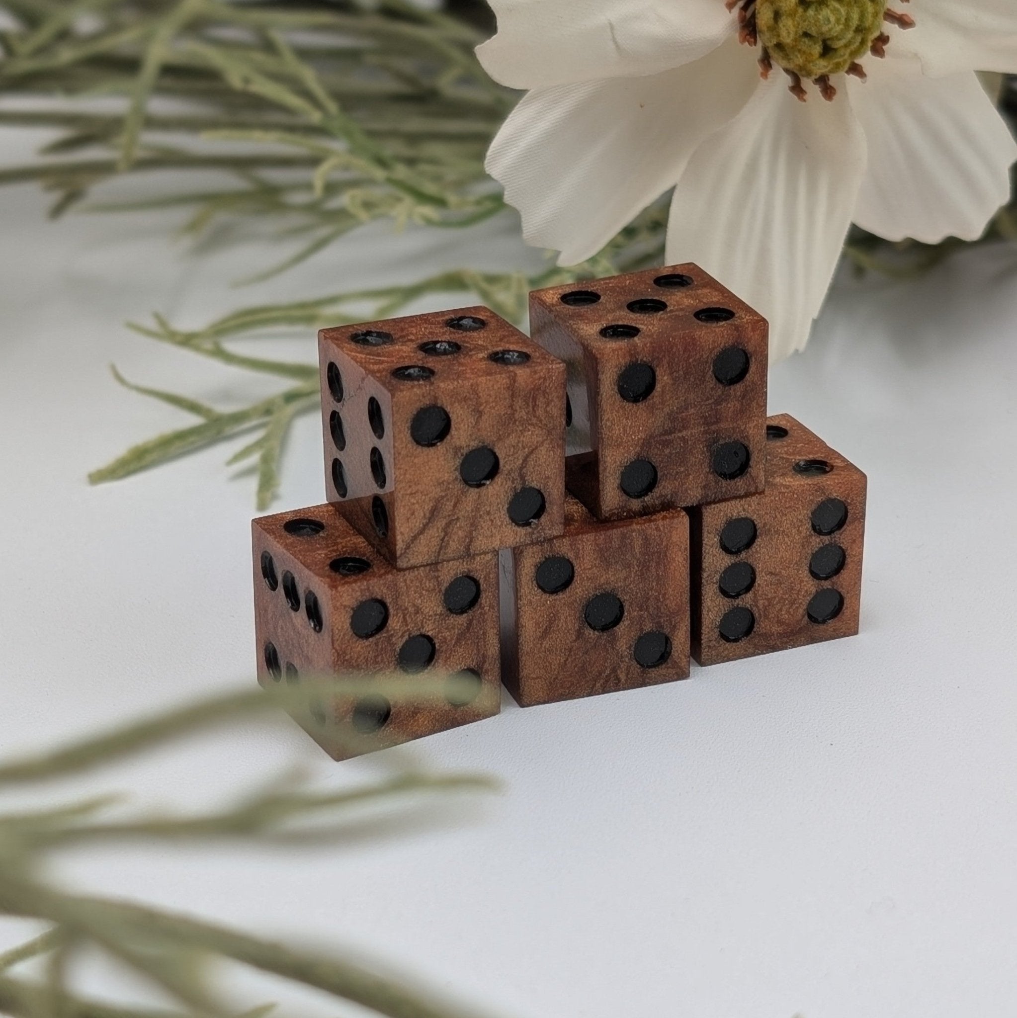 d6 set of sharp edge dice with copper resin and black inked pip dice