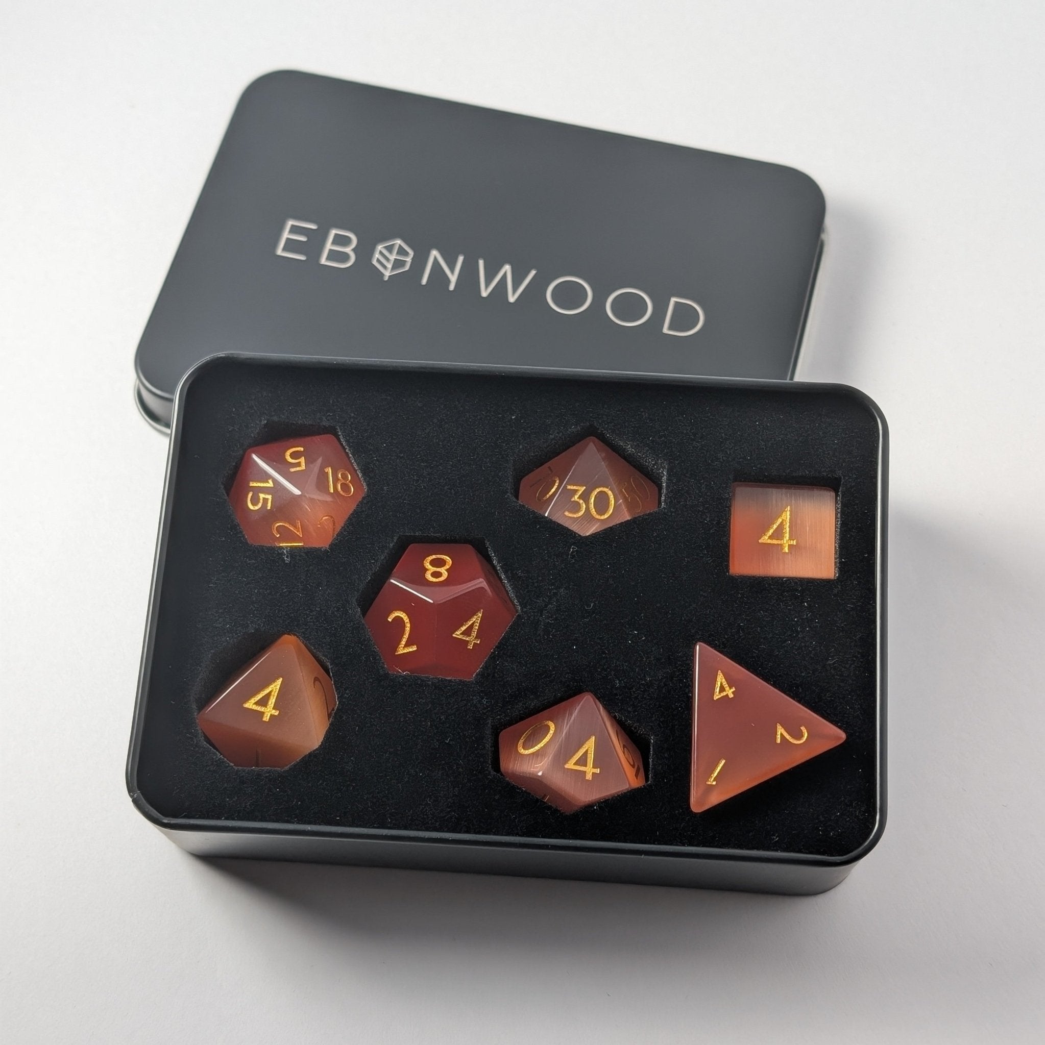 Orange Cat Eye - 7 Piece Polyhedral Gemstone Dice Set