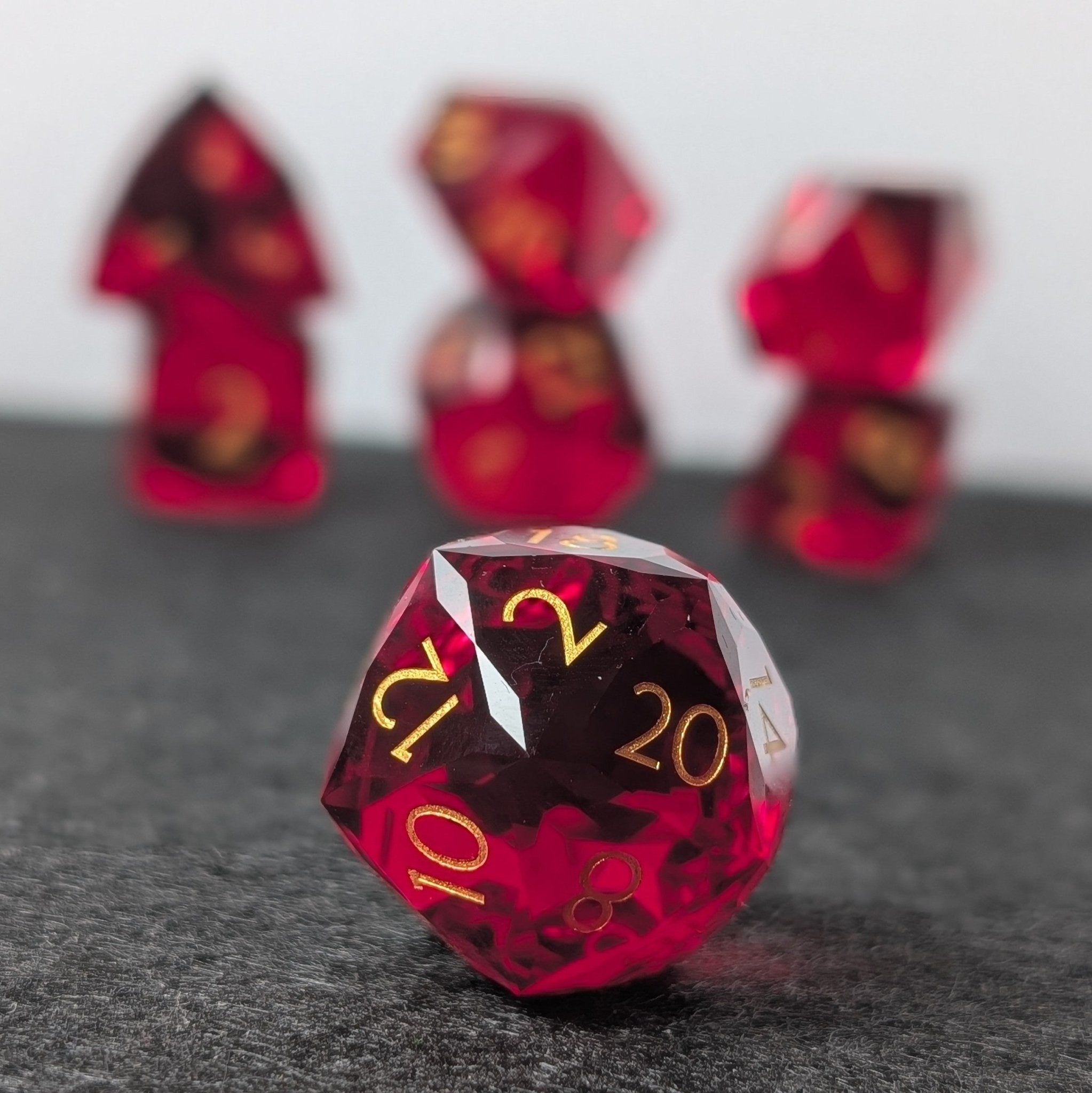 Red Glass Gem Cut - 7 Piece Polyhedral Gemstone Dice Set