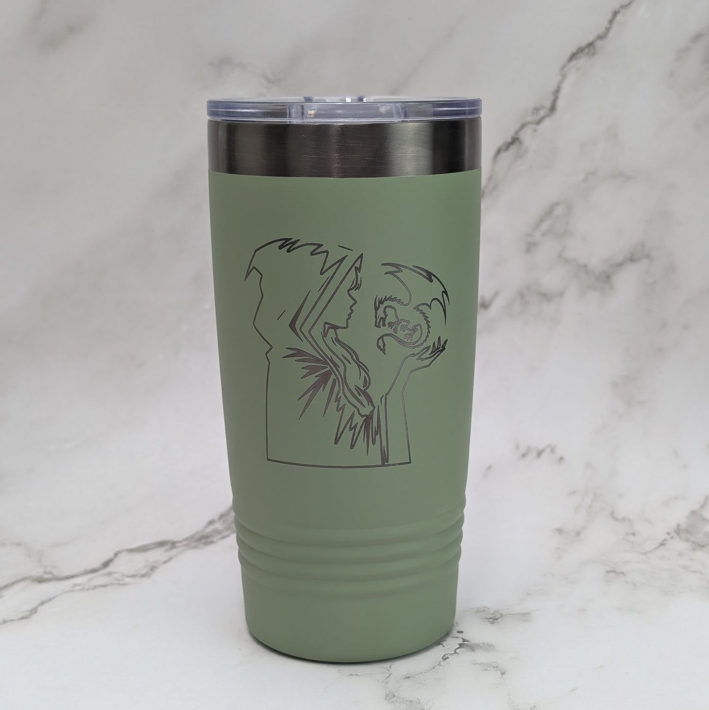 Mystic Sorcerer and Baby Dragon 20oz Pastel Tumbler – Fantasy Wizard Engraved Travel Mug