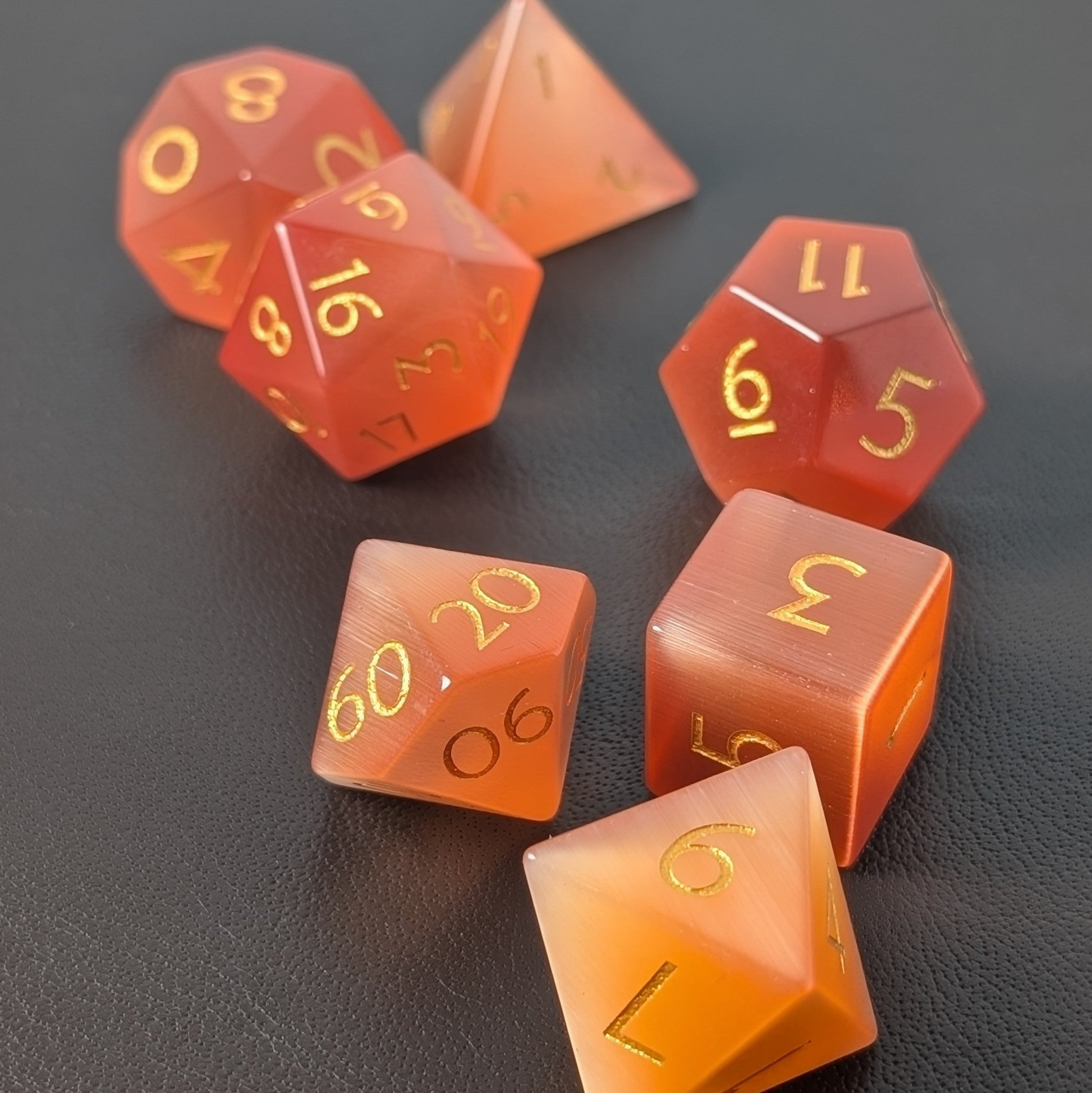 Orange Cat Eye - 7 Piece Polyhedral Gemstone Dice Set