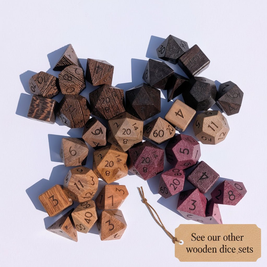 A set of wooden polyhedral gaming dice scattered on a plain white background, showing various shapes and wood tones from light tan to dark brown and muted red.