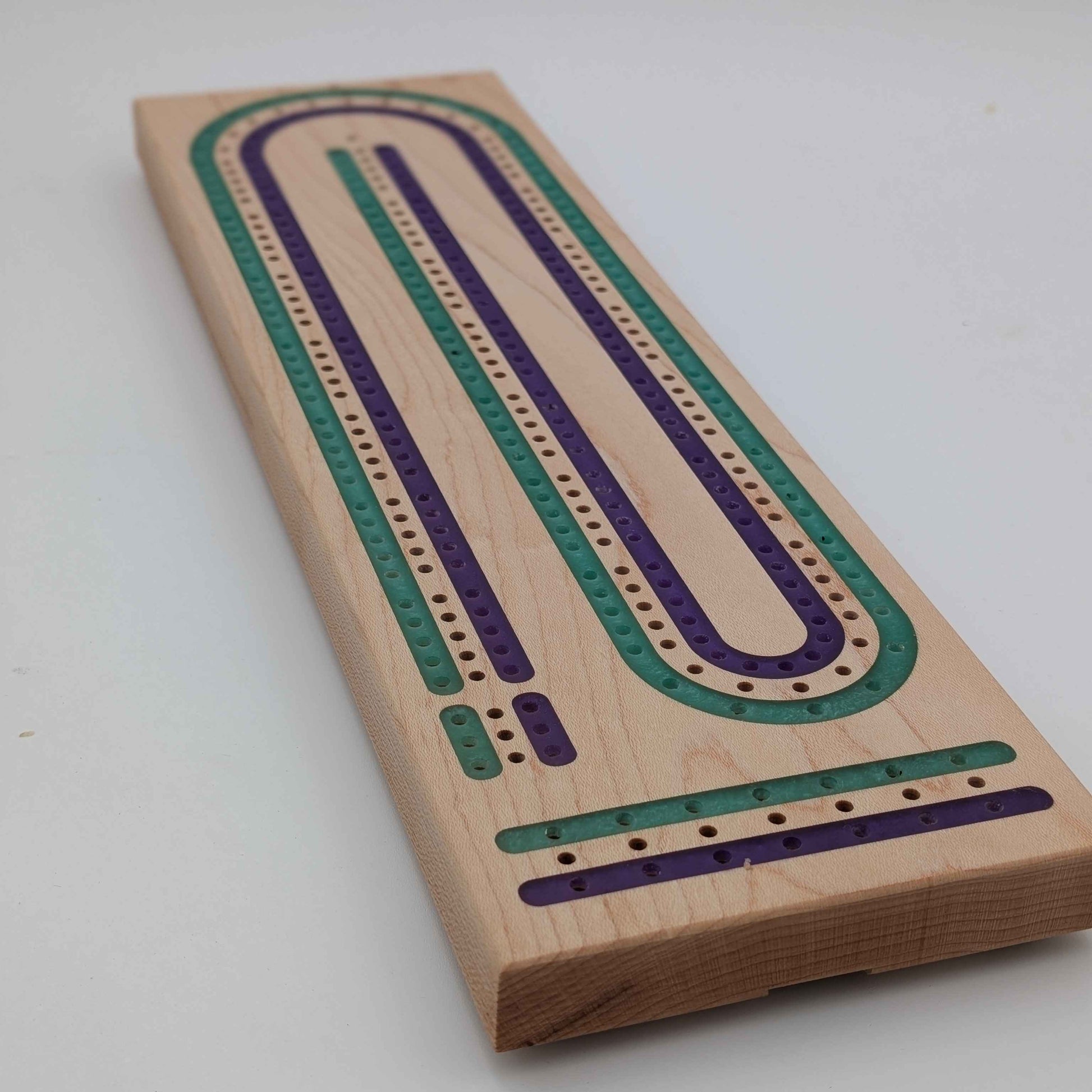 Maple 3 Track Handmade Cribbage Board with Purple and Green Inlay