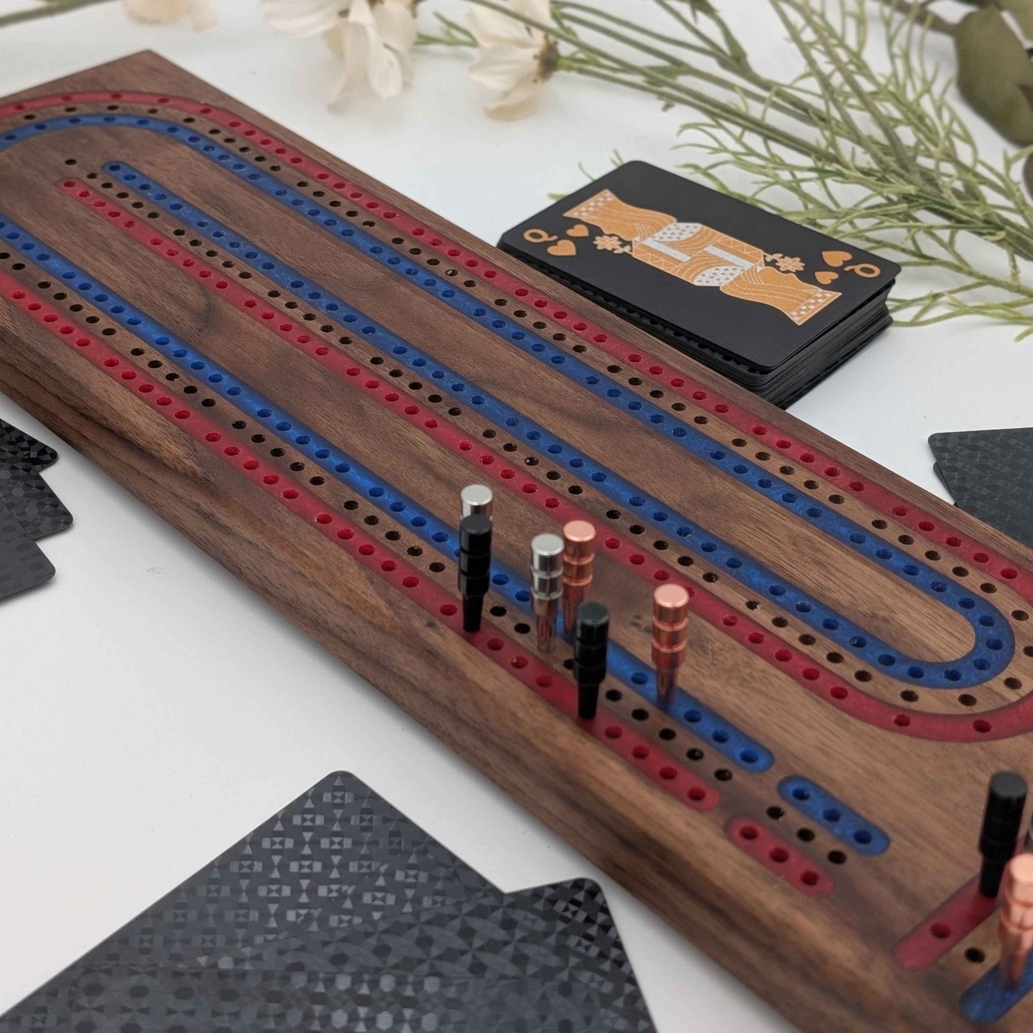 Premium Cribbage Board - Multi Lane Scarlet Red and Navy Blue Inlay