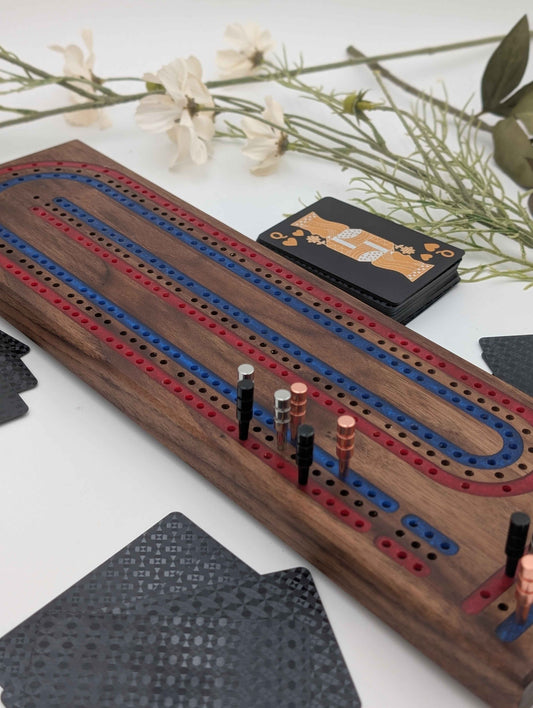 Premium Cribbage Board - Multi Lane Scarlet Red and Navy Blue Inlay