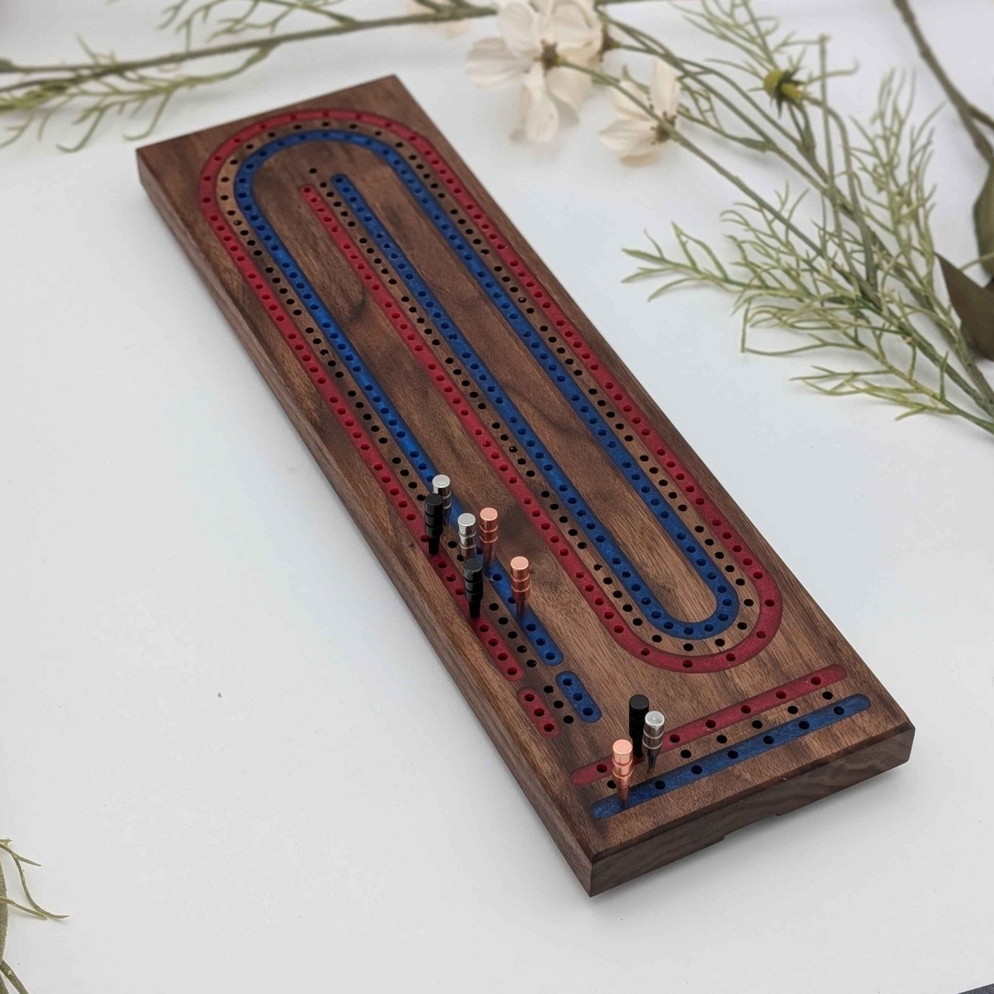 Premium Cribbage Board - Multi Lane Scarlet Red and Navy Blue Inlay