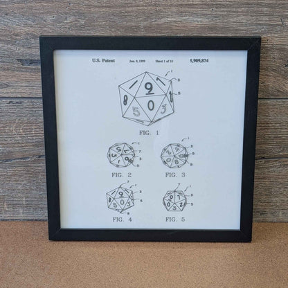 Framed D20 Patent Blueprint | Laser-Engraved Glass Art for D&D Fans