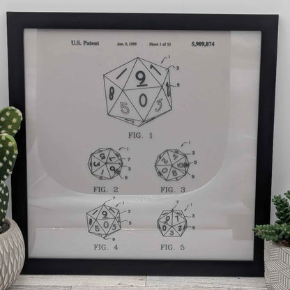 Framed D20 Patent Blueprint | Laser-Engraved Glass Art for D&D Fans