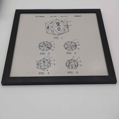 Framed D20 Patent Blueprint | Laser-Engraved Glass Art for D&D Fans