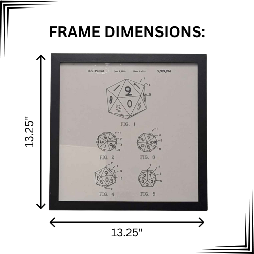 Framed D20 Patent Blueprint | Laser-Engraved Glass Art for D&D Fans