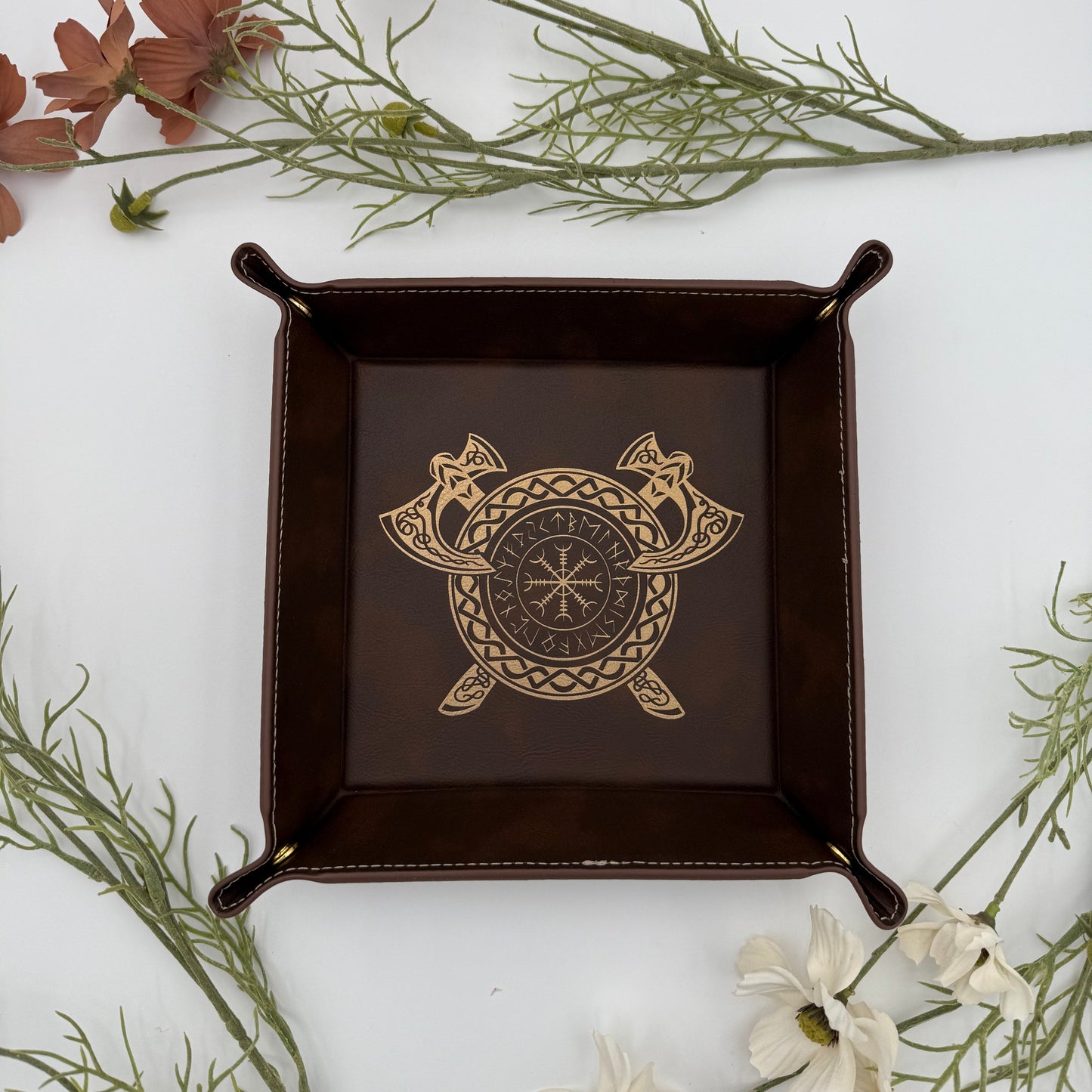 Brown Leather DnD Dice Tray - Runic Viking Engraving