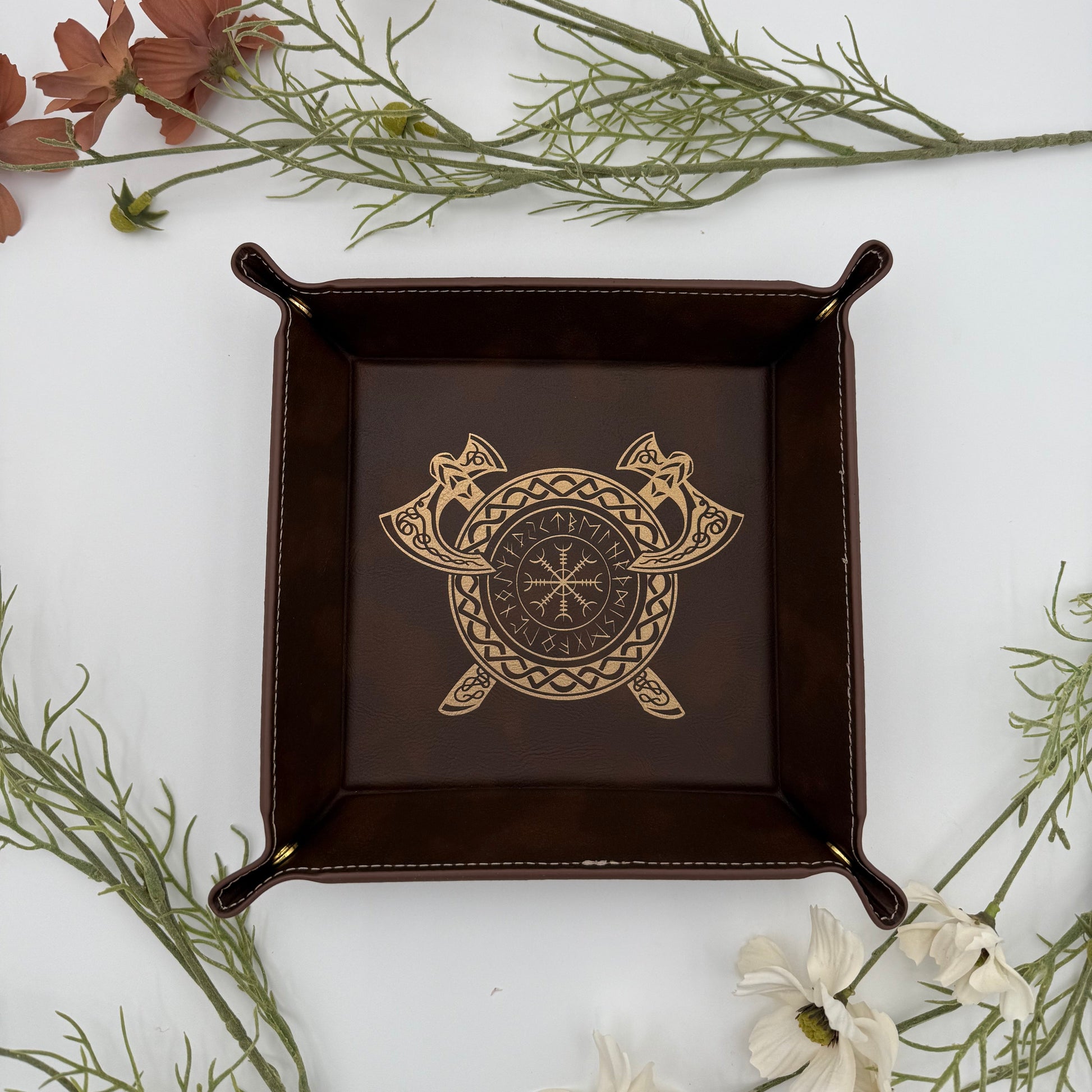Brown Leather DnD Dice Tray - Runic Viking Engraving